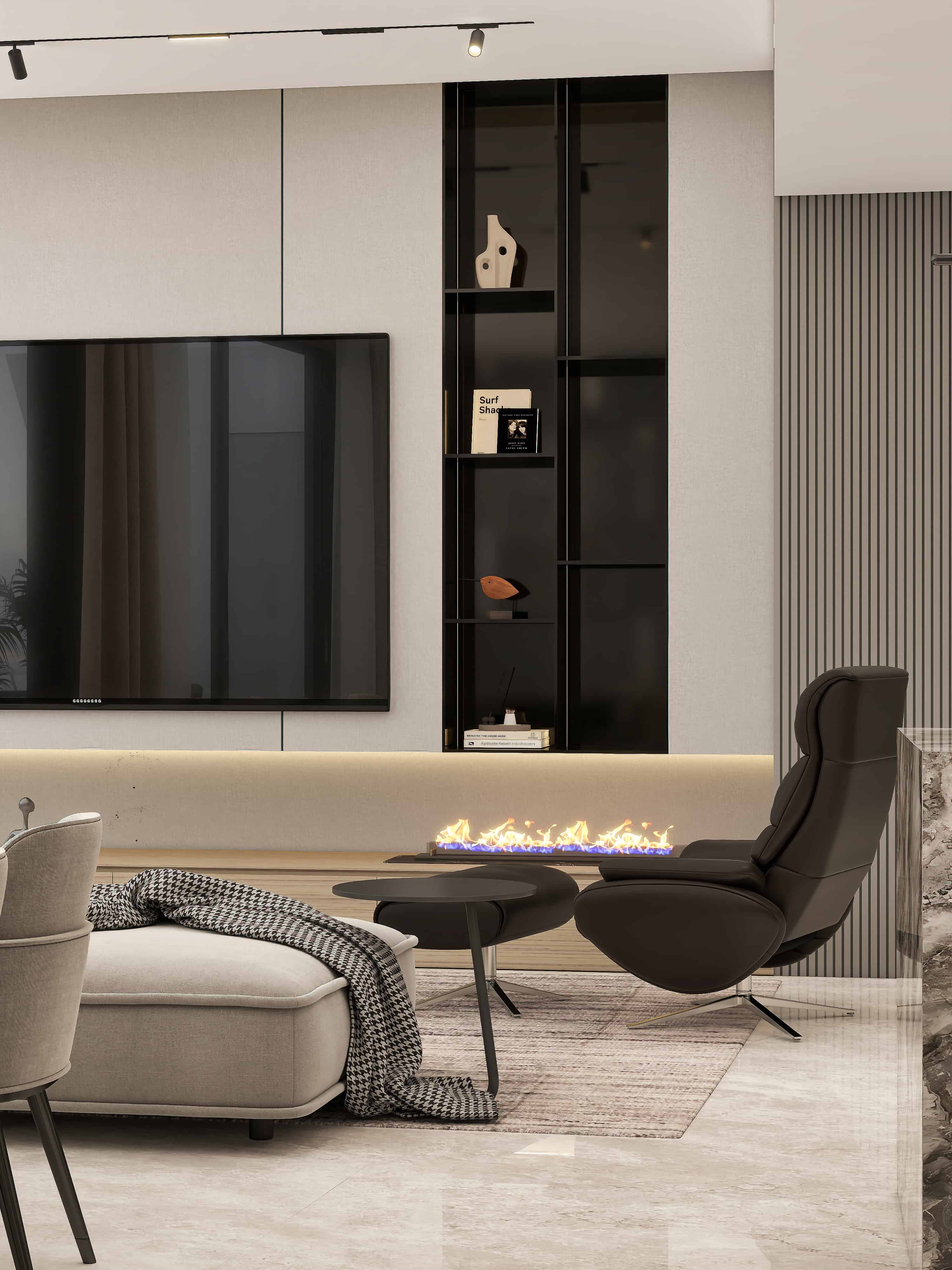 Luxury high-rise condo interior design 3D render Dubai Burj Al Arab view contemporary glam travertine marble stone open plan bedroom bathroom living dining Studio 5