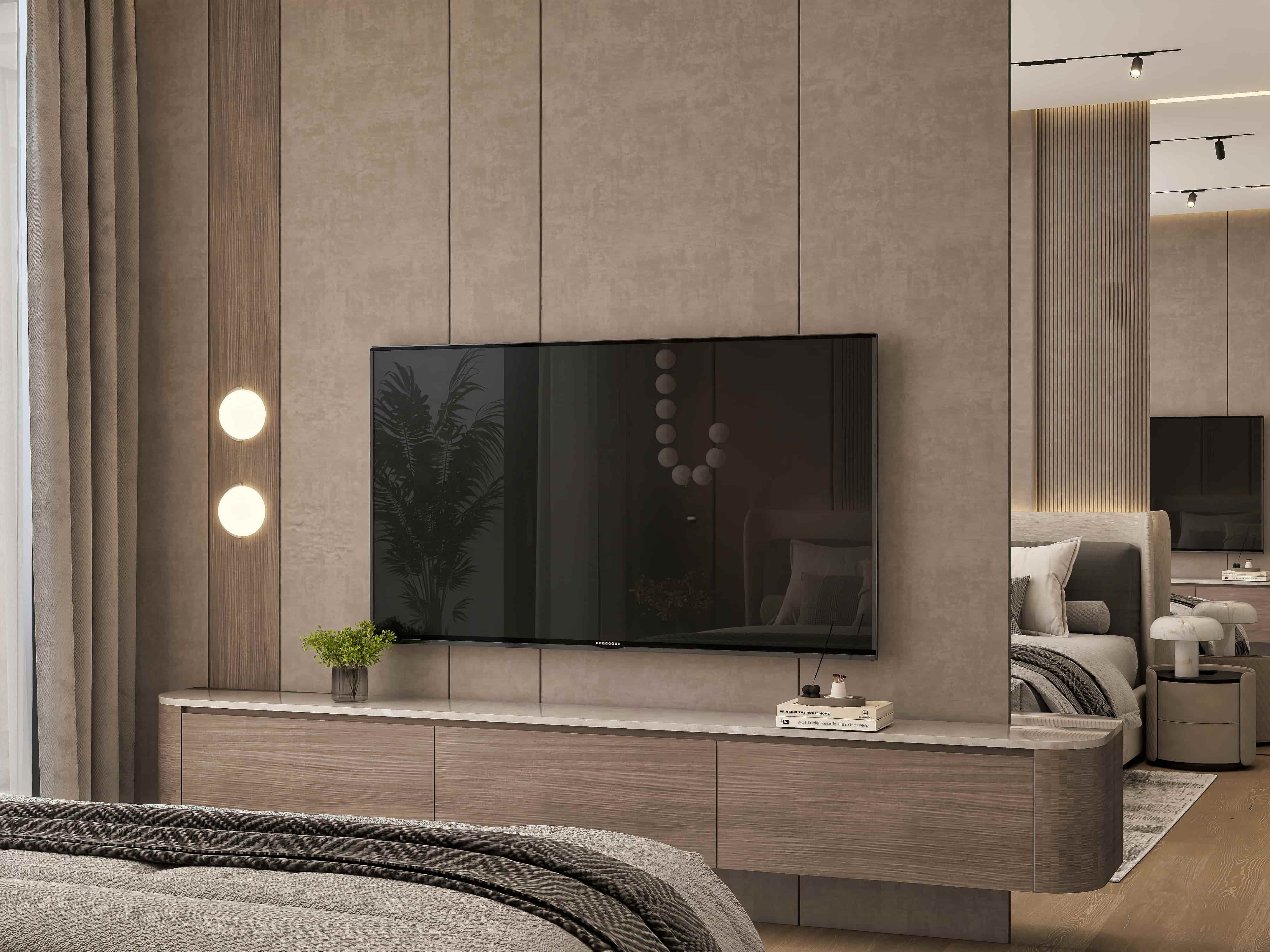 Luxury high-rise condo interior design 3D render Dubai Burj Al Arab view contemporary glam travertine marble stone open plan bedroom bathroom living dining Studio 5