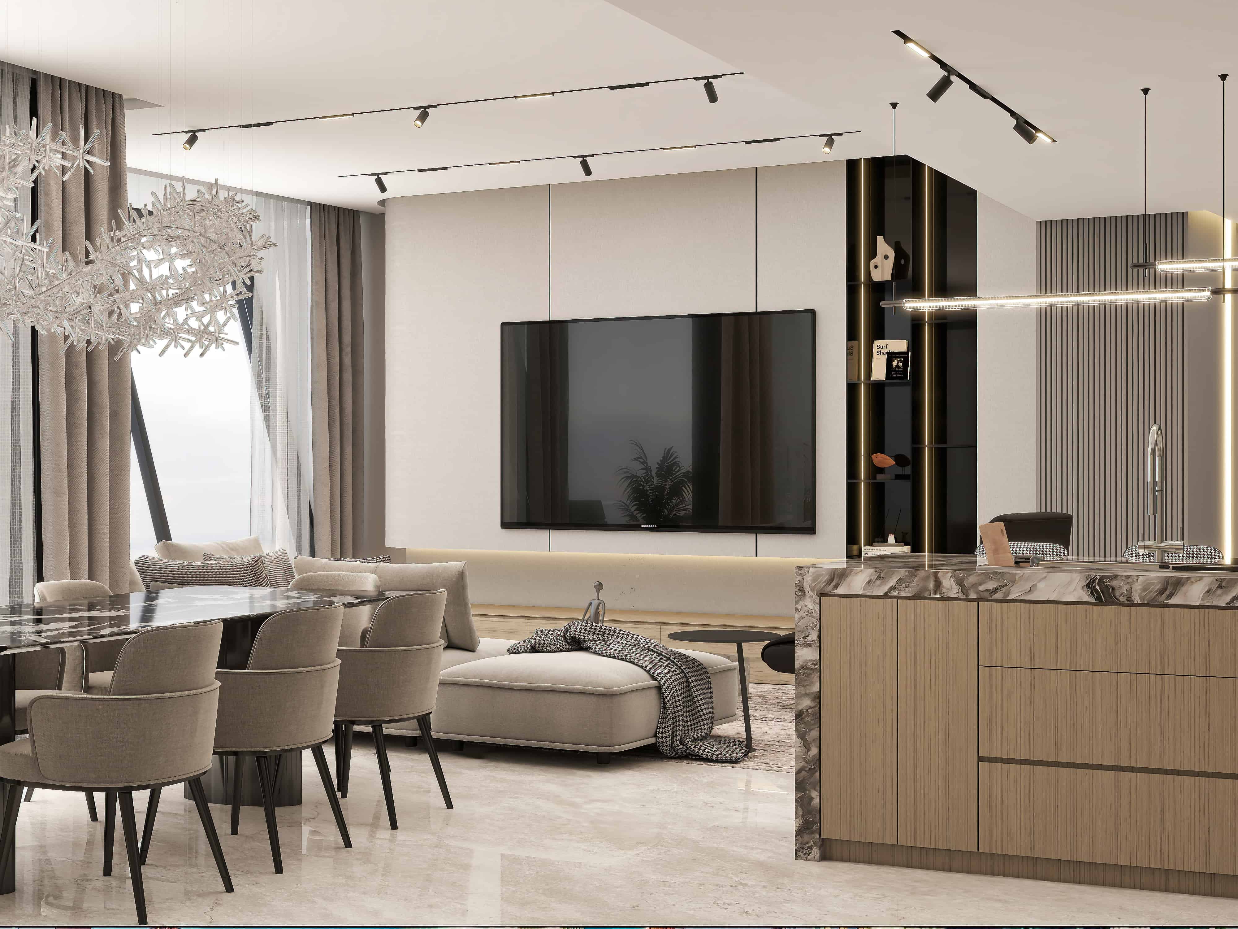 Luxury high-rise condo interior design 3D render Dubai Burj Al Arab view contemporary glam travertine marble stone open plan bedroom bathroom living dining Studio 5