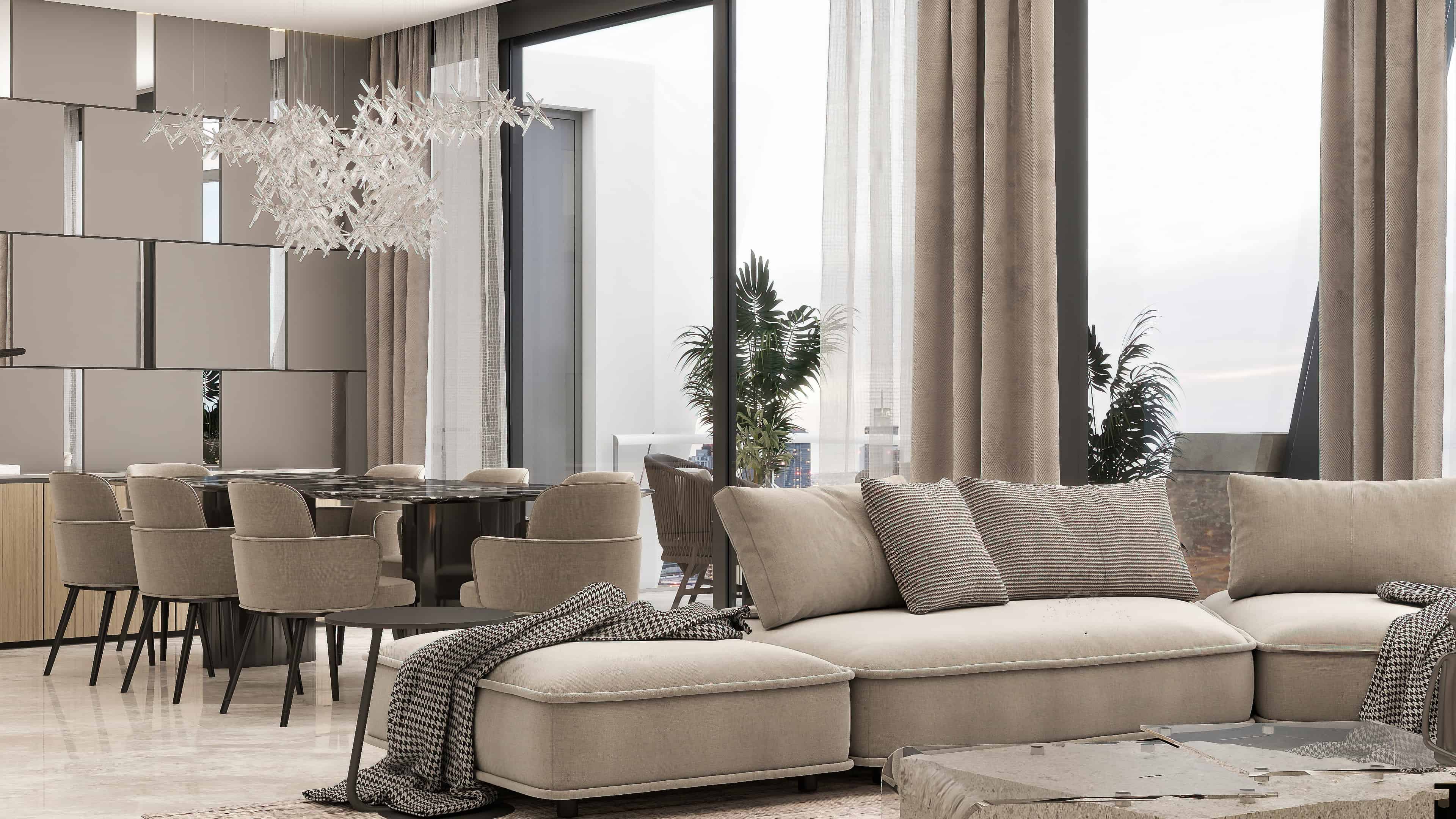 Luxury high-rise condo interior design 3D render Dubai Burj Al Arab view contemporary glam travertine marble stone open plan bedroom bathroom living dining Studio 5