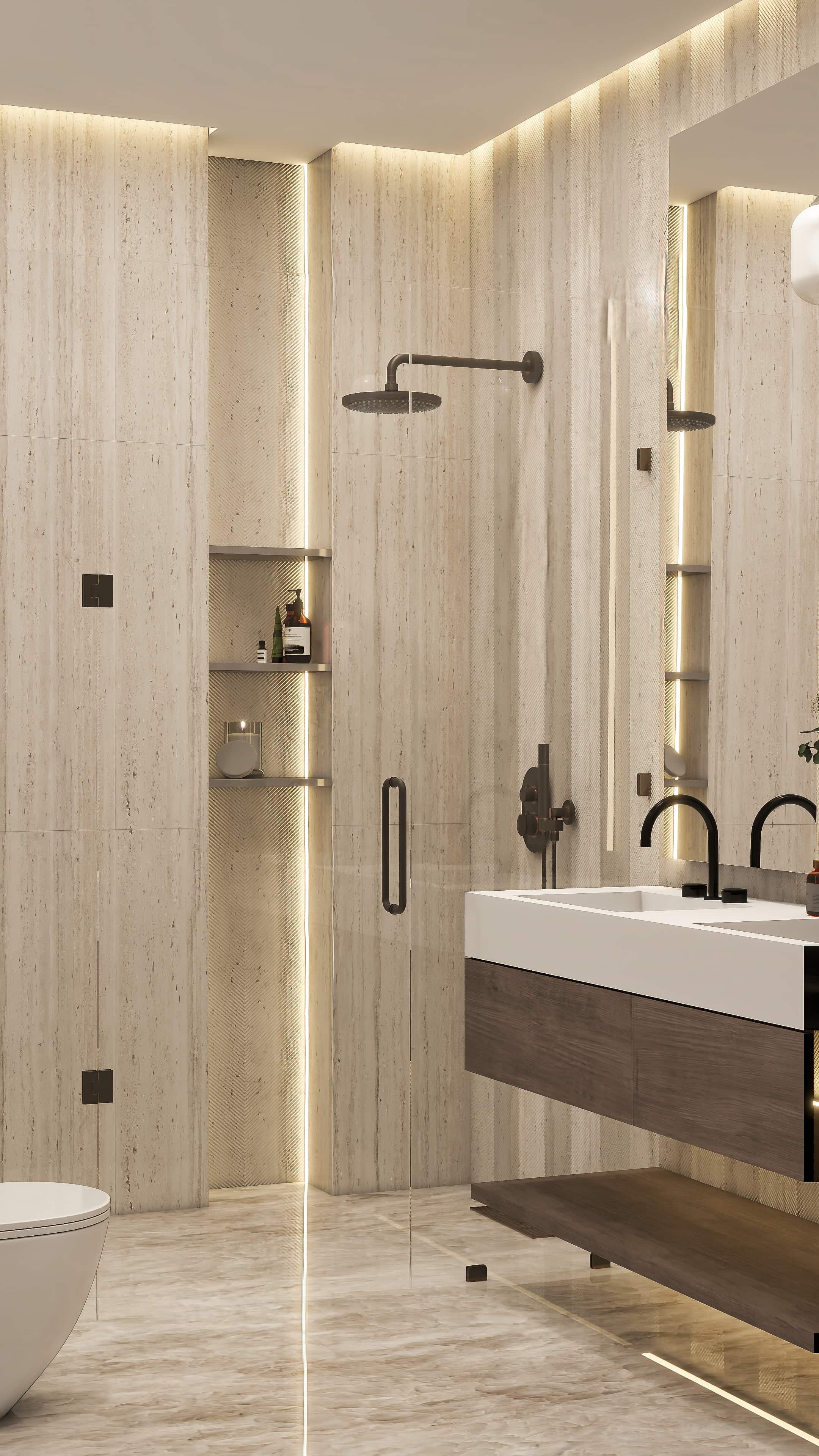 Luxury high-rise condo interior design 3D render Dubai Burj Al Arab view contemporary glam travertine marble stone open plan bedroom bathroom living dining Studio 5