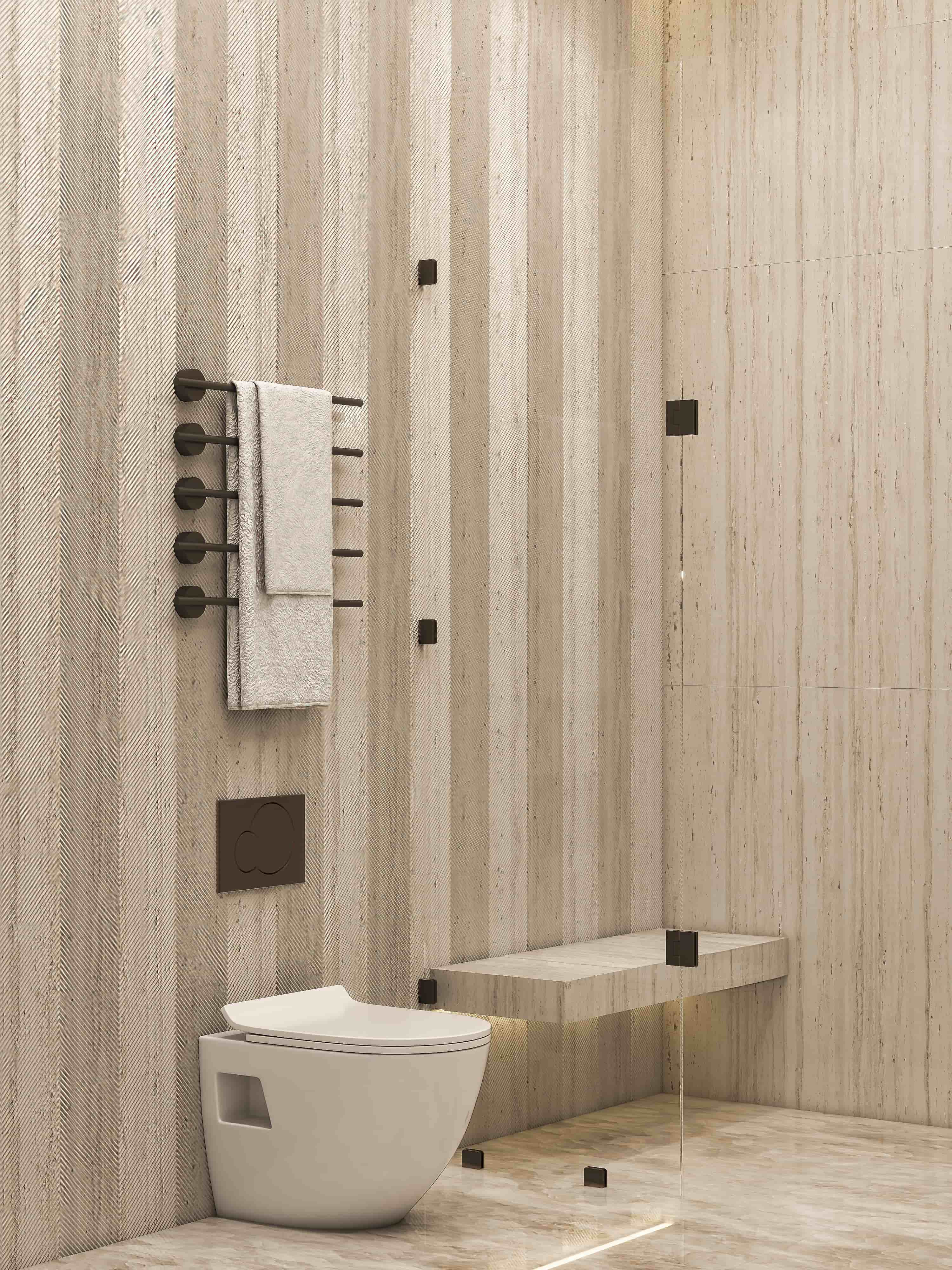 Luxury high-rise condo interior design 3D render Dubai Burj Al Arab view contemporary glam travertine marble stone open plan bedroom bathroom living dining Studio 5