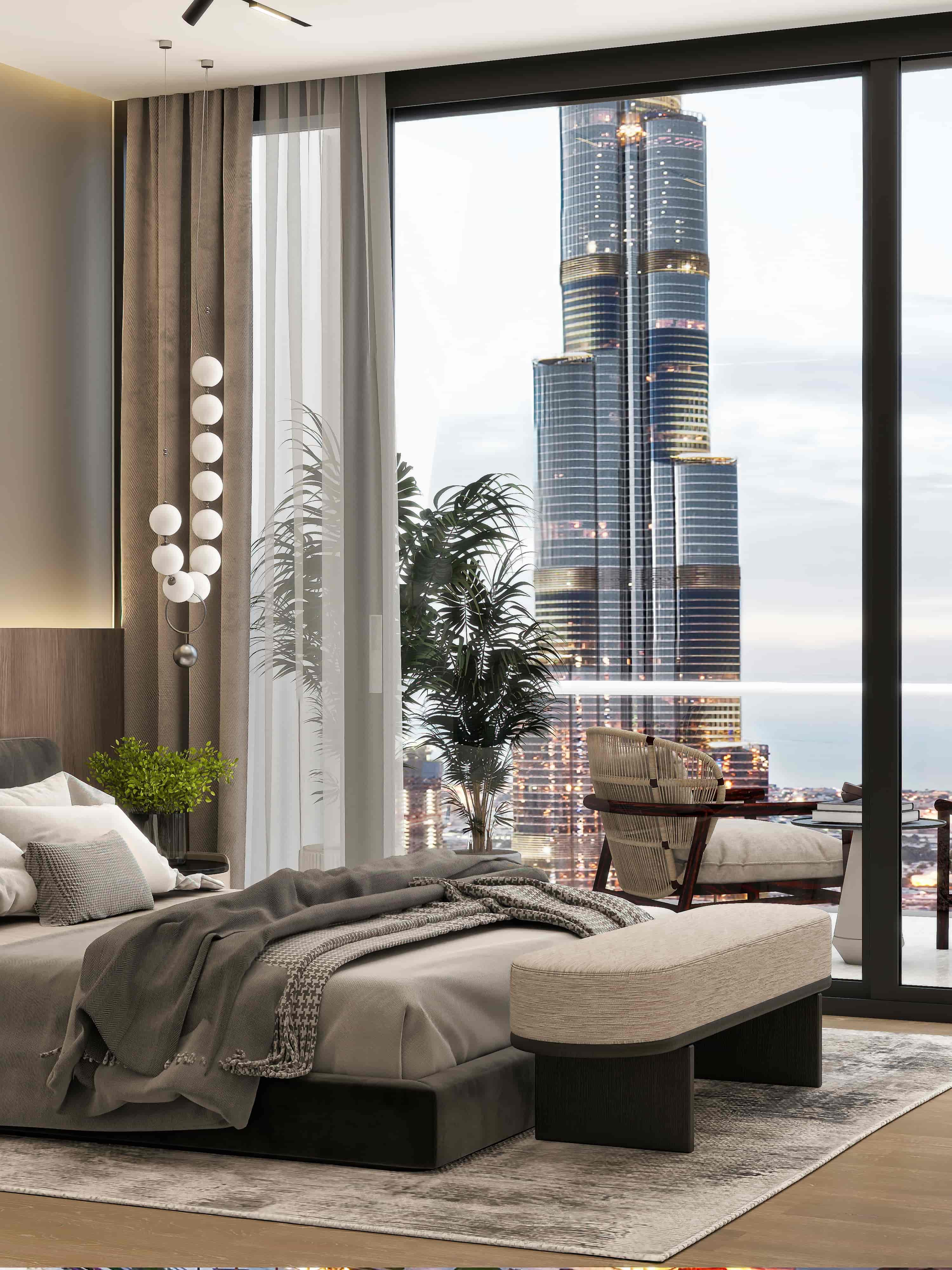 Luxury high-rise condo interior design 3D render Dubai Burj Al Arab view contemporary glam travertine marble stone open plan bedroom bathroom living dining Studio 5