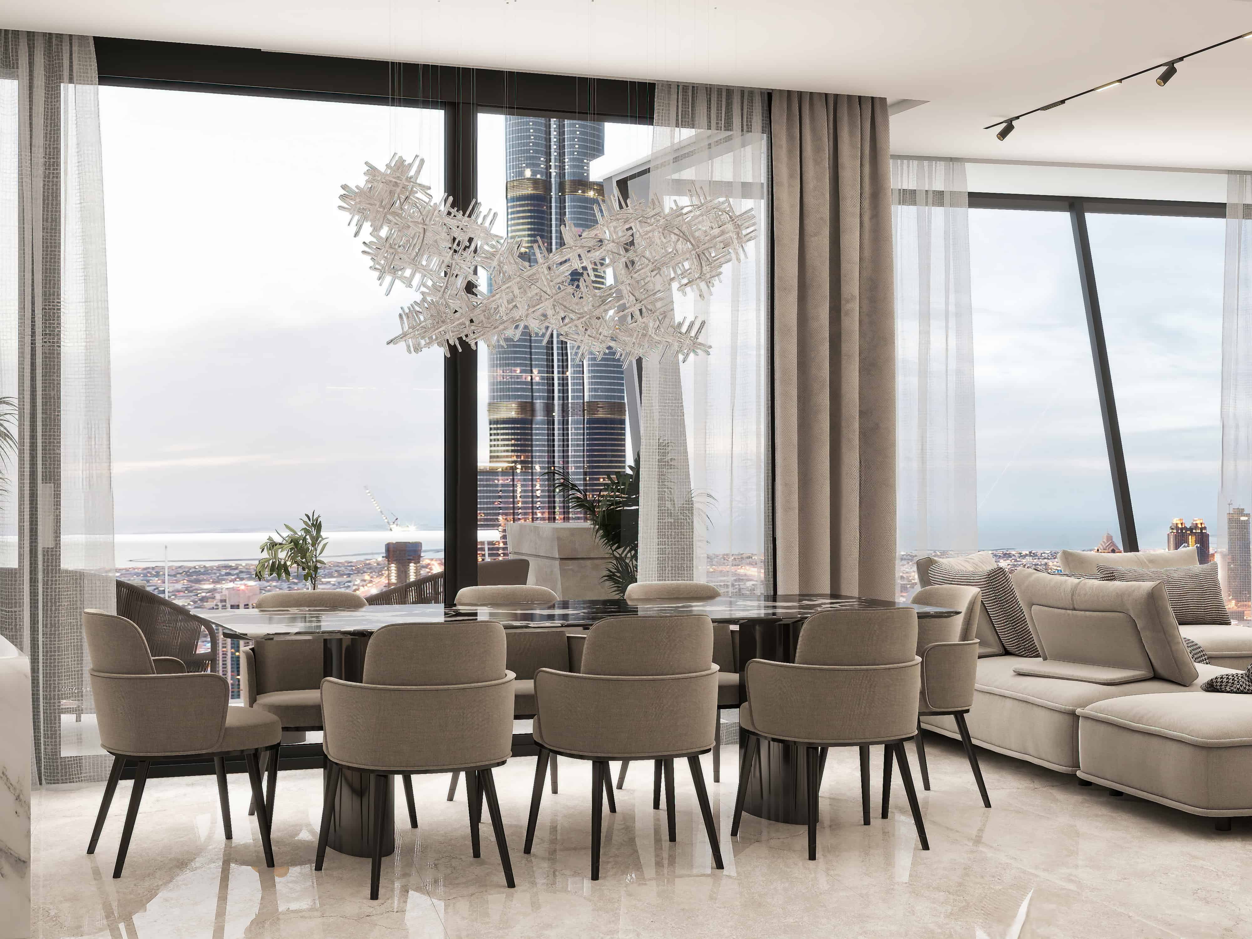 Luxury high-rise condo interior design 3D render Dubai Burj Al Arab view contemporary glam travertine marble stone open plan bedroom bathroom living dining Studio 5