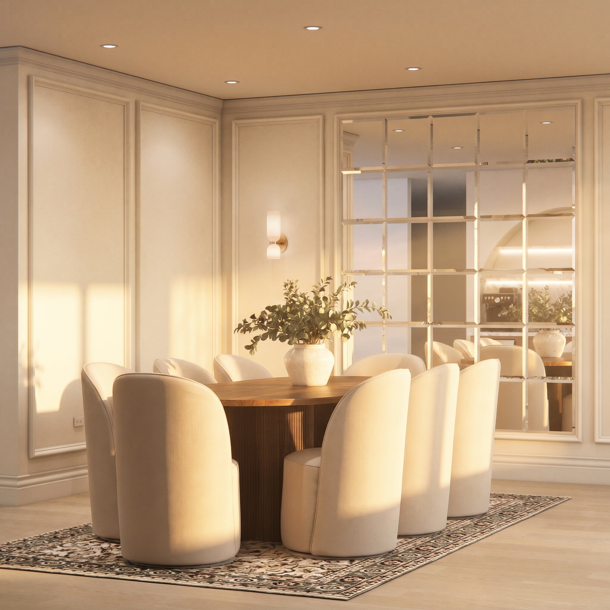 Photo-realistic 3D rendering of a modern-contemporary dining room with a large floor-to-ceiling mirror reflecting the wet bar, sunset illumination