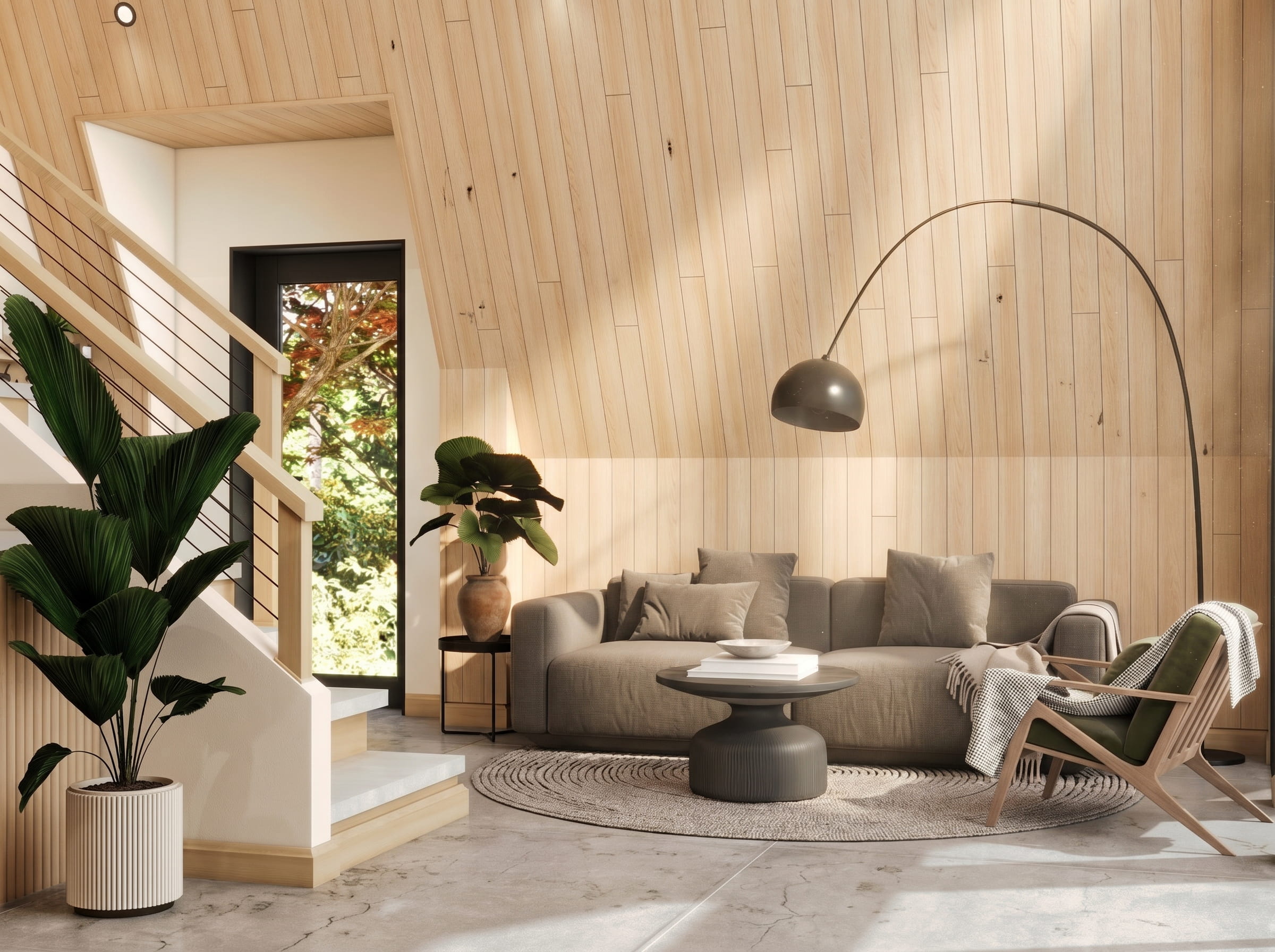 A-frame cabin interior design 3D render Muskoka Canada Scandinavian Nordic light oak wood vaulted ceiling loft bedroom kids room laundry cozy warm cottage Studio 5