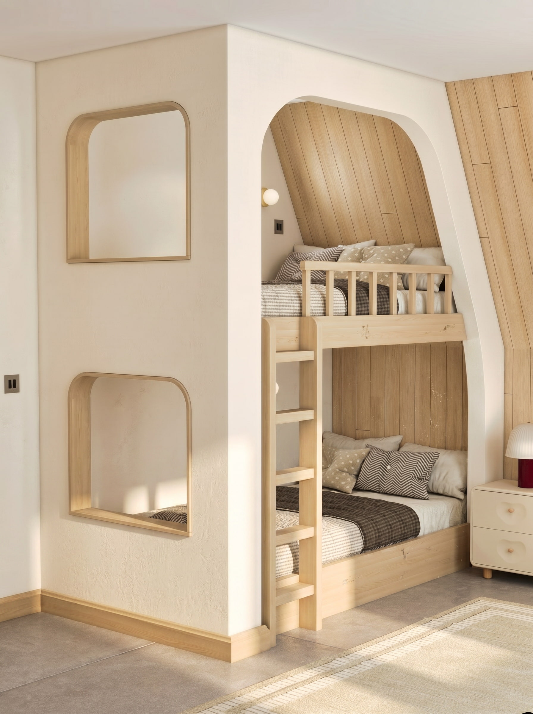 A-frame cabin interior design 3D render Muskoka Canada Scandinavian Nordic light oak wood vaulted ceiling loft bedroom kids room laundry cozy warm cottage Studio 5
