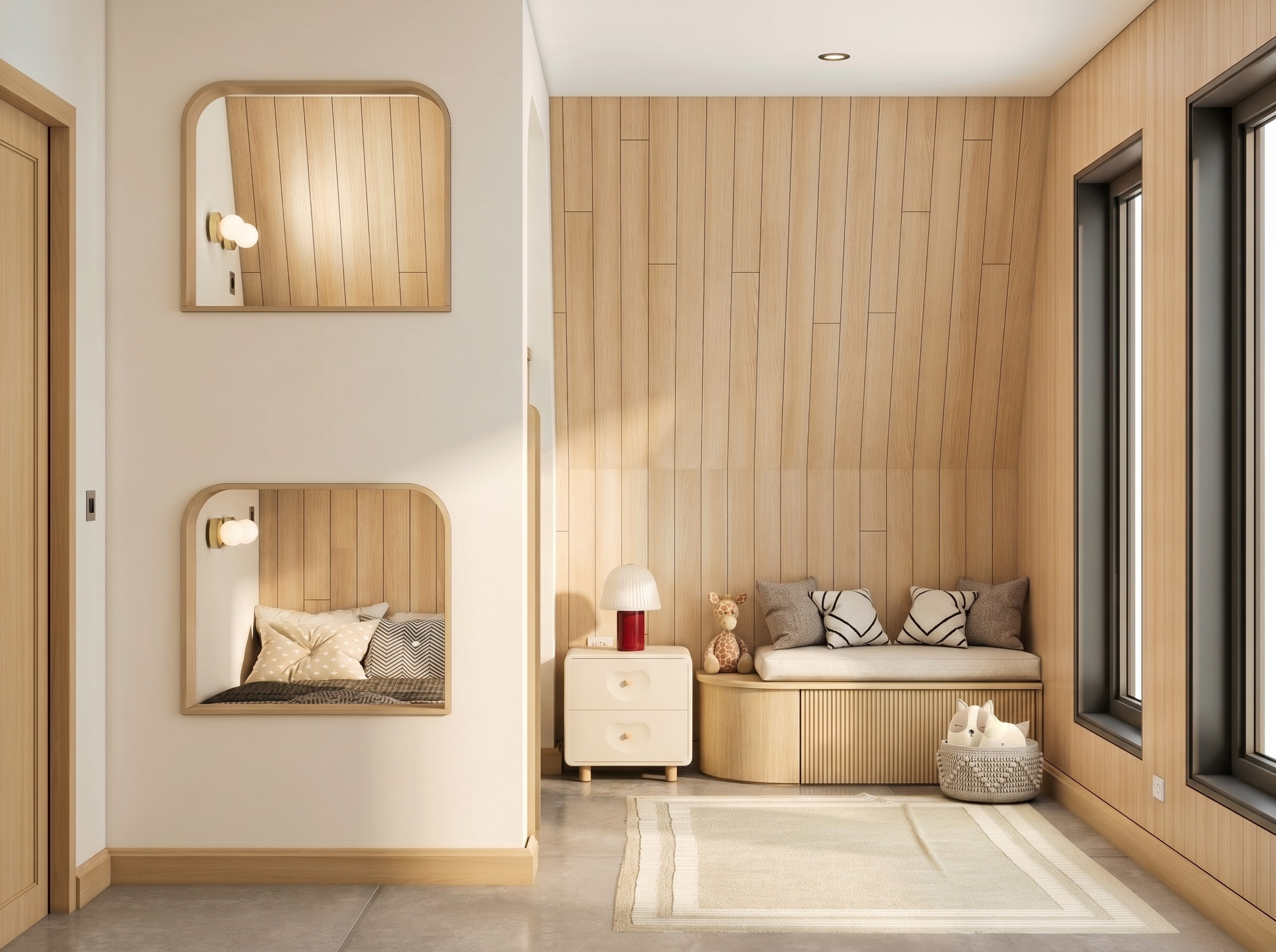 A-frame cabin interior design 3D render Muskoka Canada Scandinavian Nordic light oak wood vaulted ceiling loft bedroom kids room laundry cozy warm cottage Studio 5