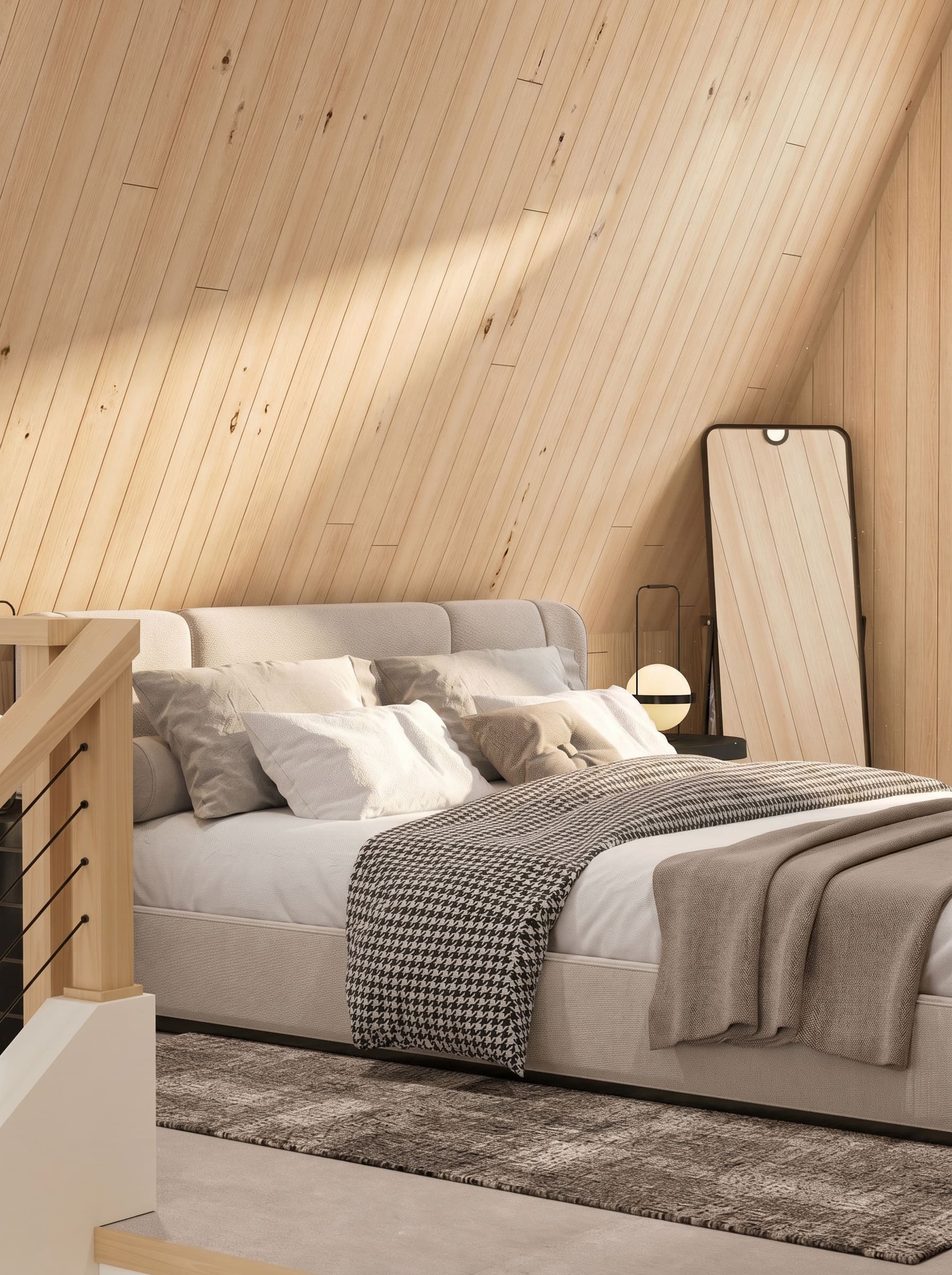 A-frame cabin interior design 3D render Muskoka Canada Scandinavian Nordic light oak wood vaulted ceiling loft bedroom kids room laundry cozy warm cottage Studio 5