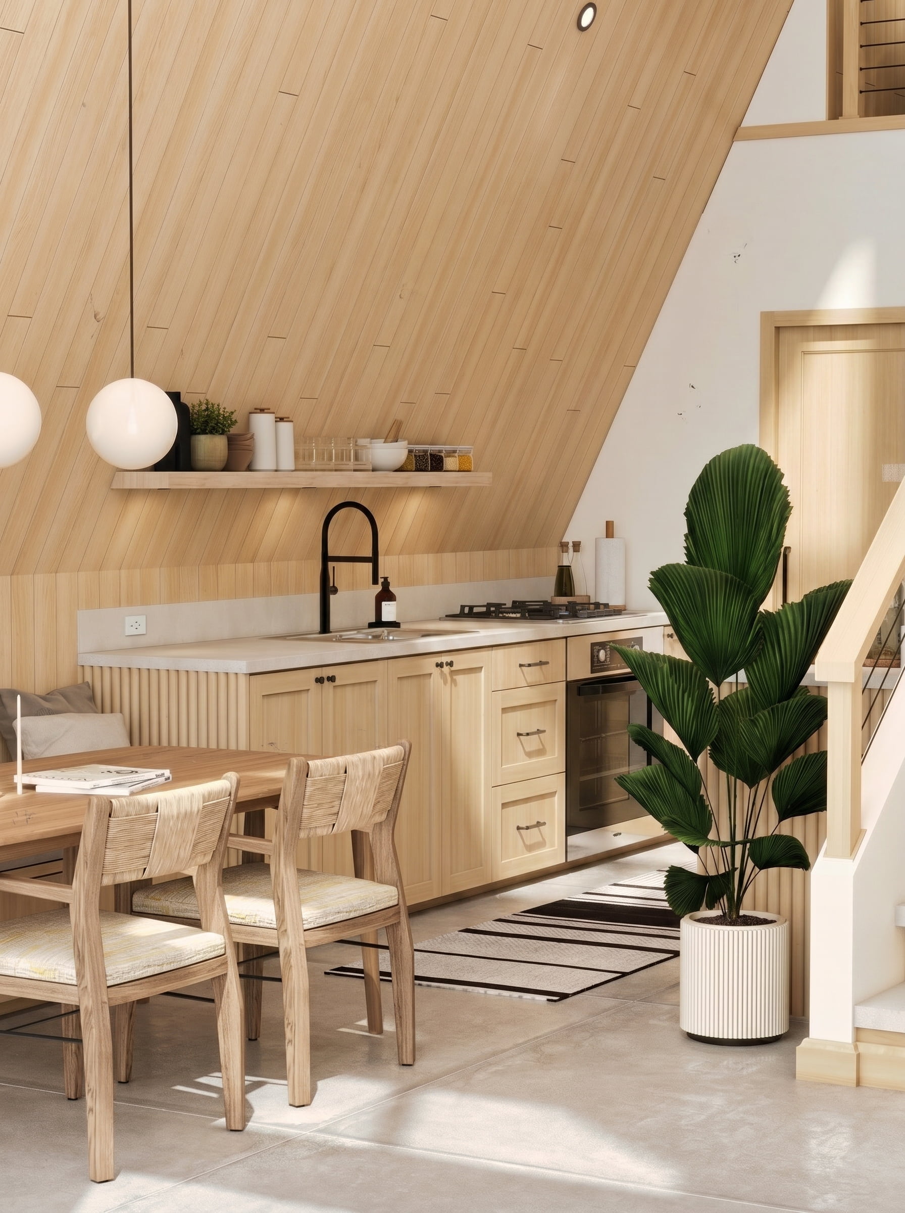 A-frame cabin interior design 3D render Muskoka Canada Scandinavian Nordic light oak wood vaulted ceiling loft bedroom kids room laundry cozy warm cottage Studio 5