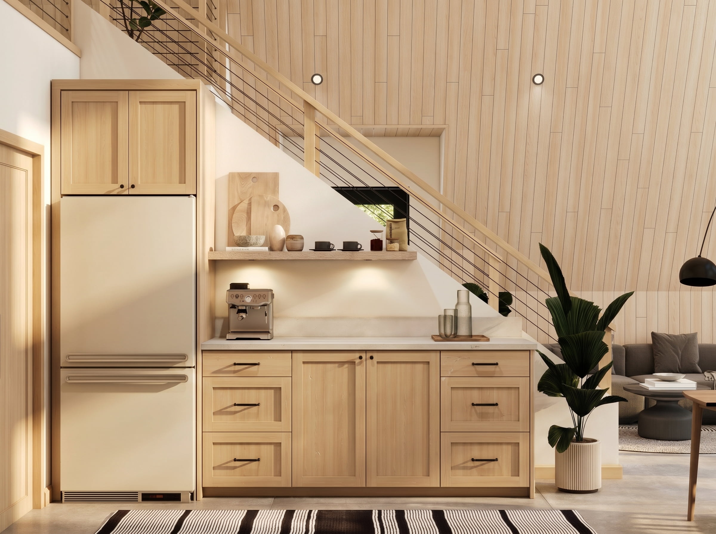 A-frame cabin interior design 3D render Muskoka Canada Scandinavian Nordic light oak wood vaulted ceiling loft bedroom kids room laundry cozy warm cottage Studio 5