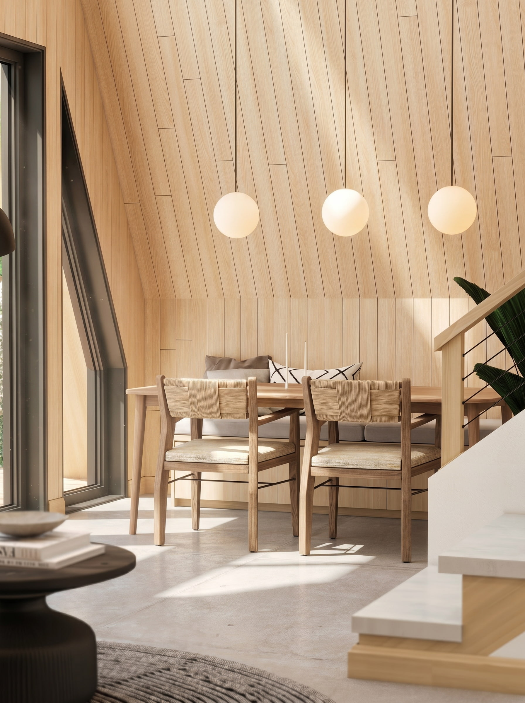 A-frame cabin interior design 3D render Muskoka Canada Scandinavian Nordic light oak wood vaulted ceiling loft bedroom kids room laundry cozy warm cottage Studio 5