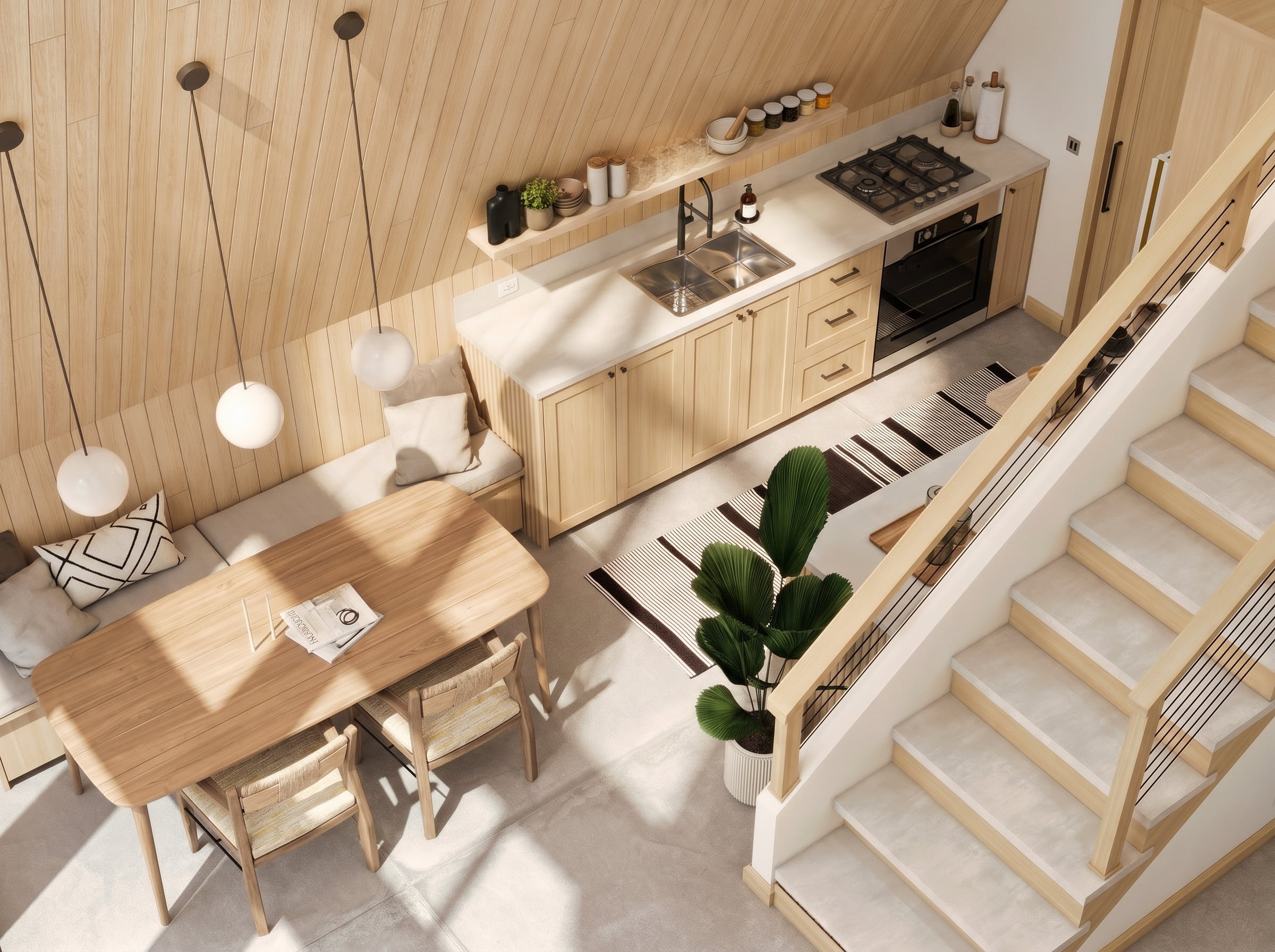 A-frame cabin interior design 3D render Muskoka Canada Scandinavian Nordic light oak wood vaulted ceiling loft bedroom kids room laundry cozy warm cottage Studio 5