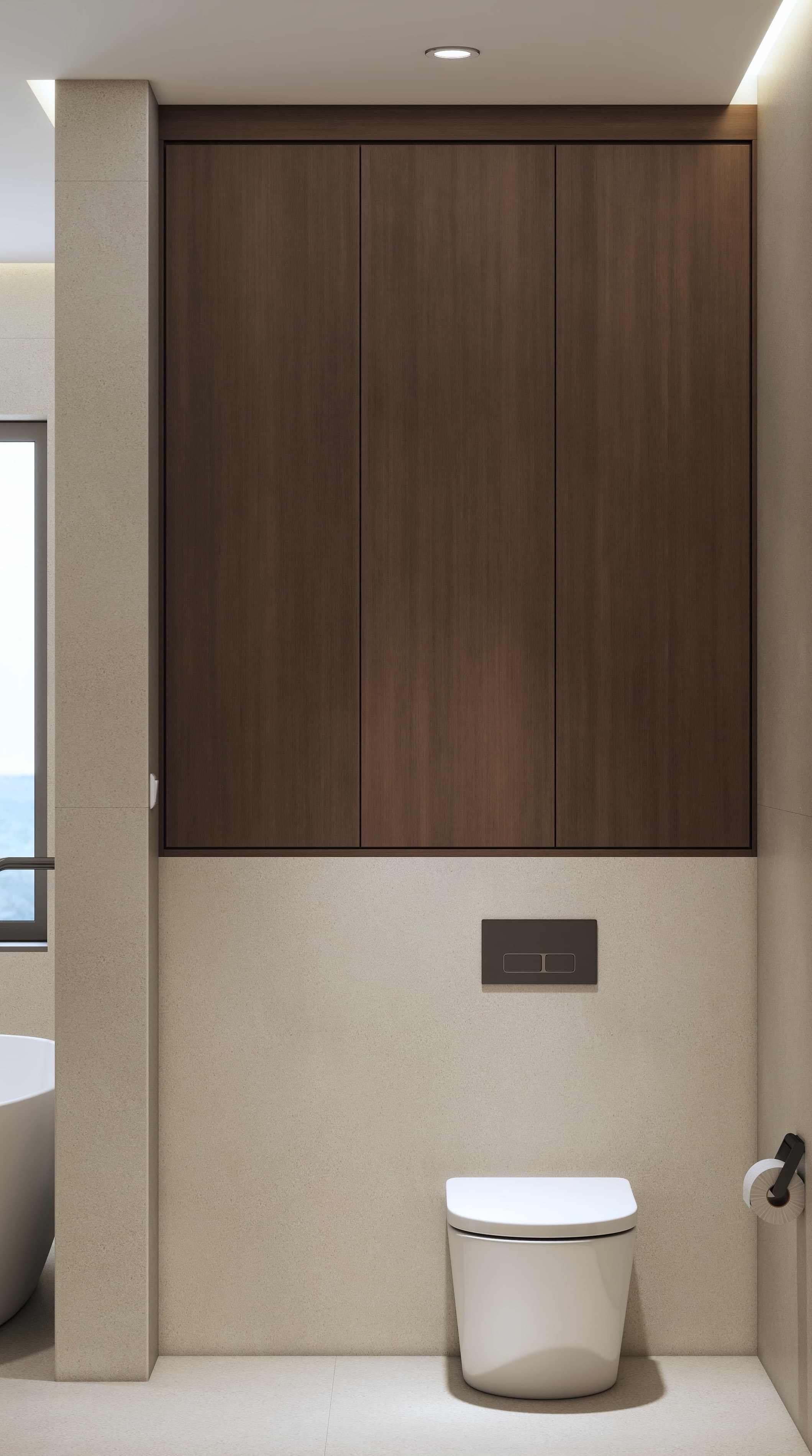 Photorealistic master bathroom 3D rendering in Texas. Warm minimalist design, walnut vanity, day and night visualization by Studio 5.