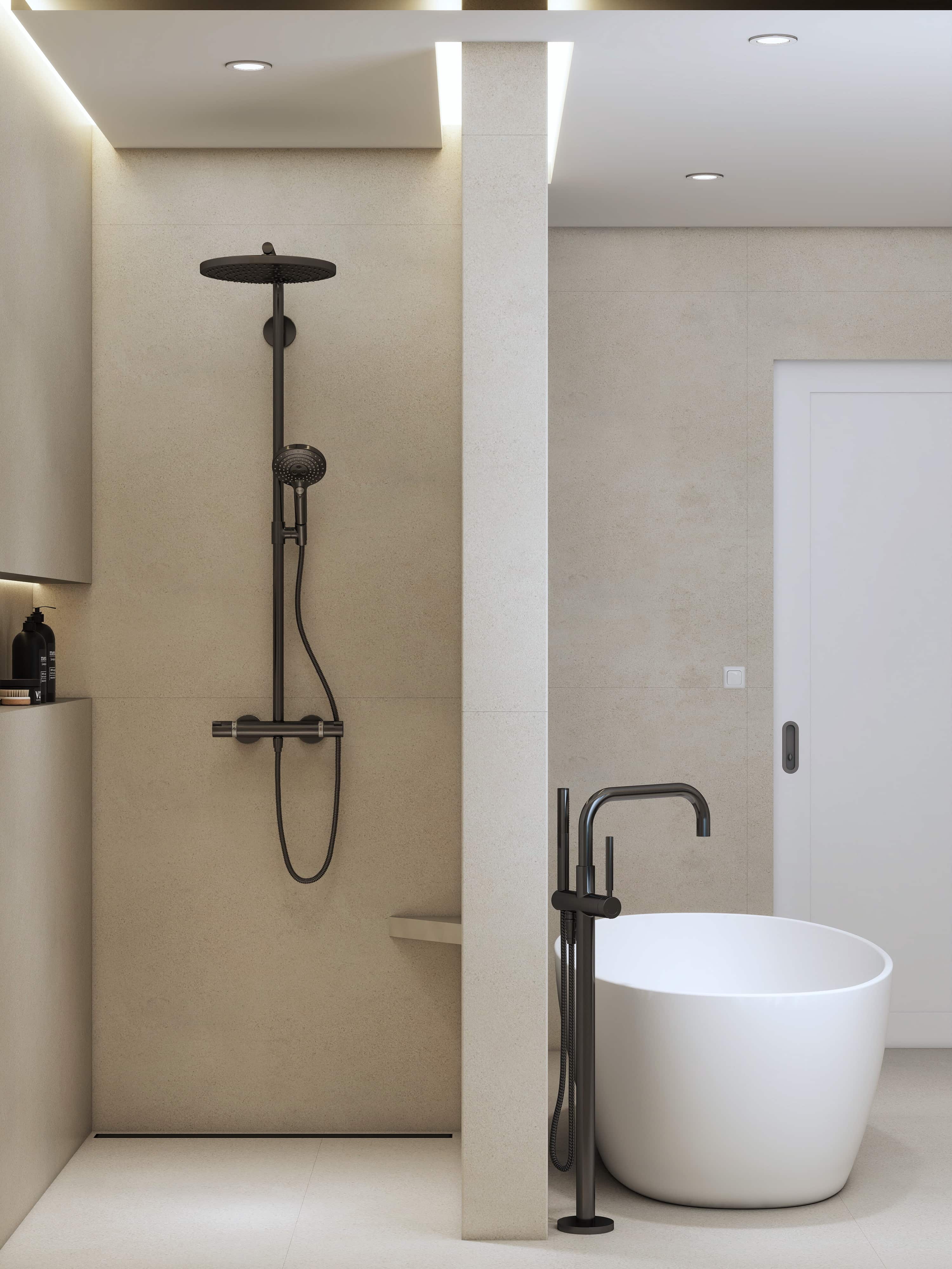 Photorealistic master bathroom 3D rendering in Texas. Warm minimalist design, walnut vanity, day and night visualization by Studio 5.