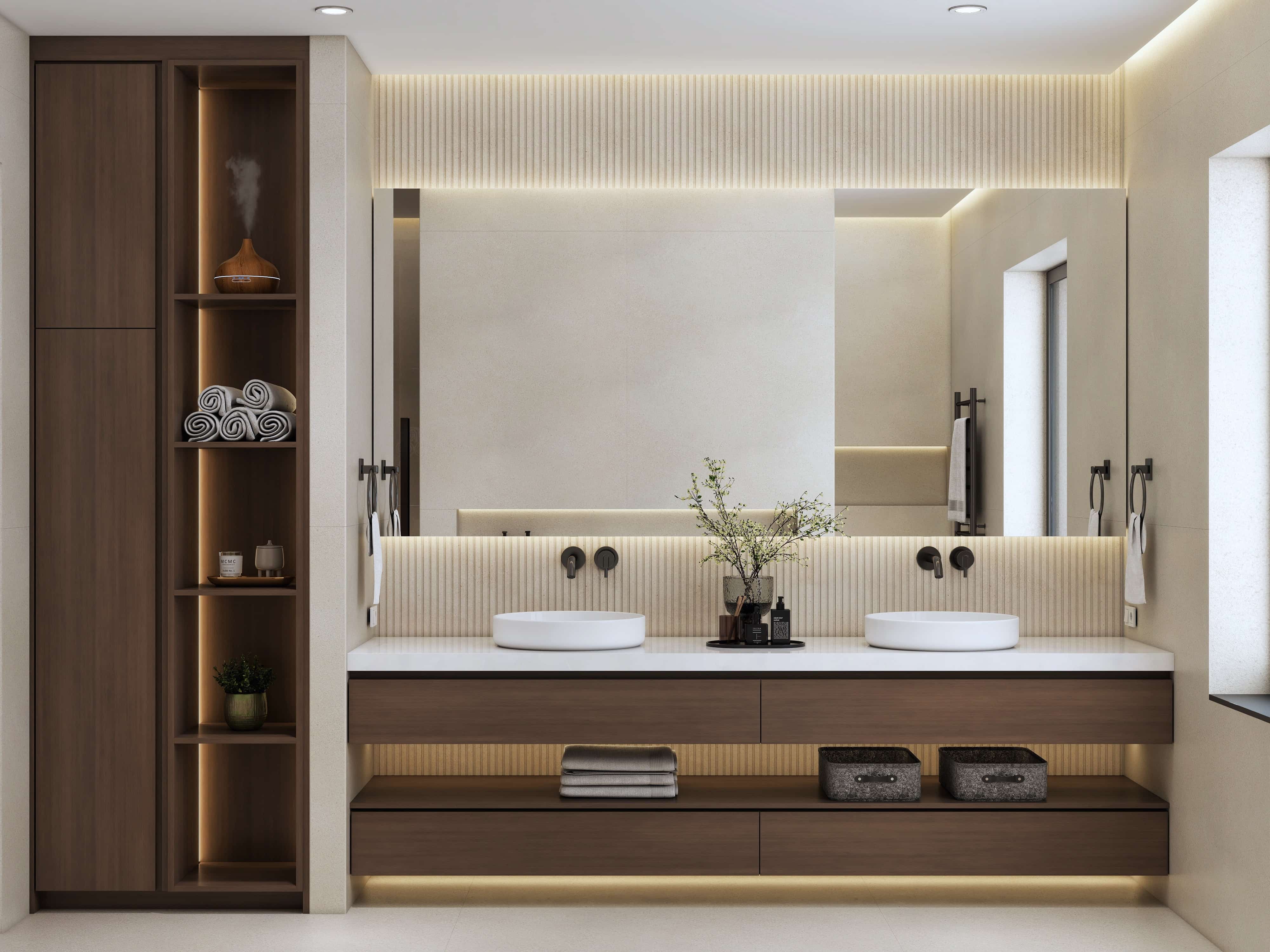 Photorealistic master bathroom 3D rendering in Texas. Warm minimalist design, walnut vanity, day and night visualization by Studio 5.