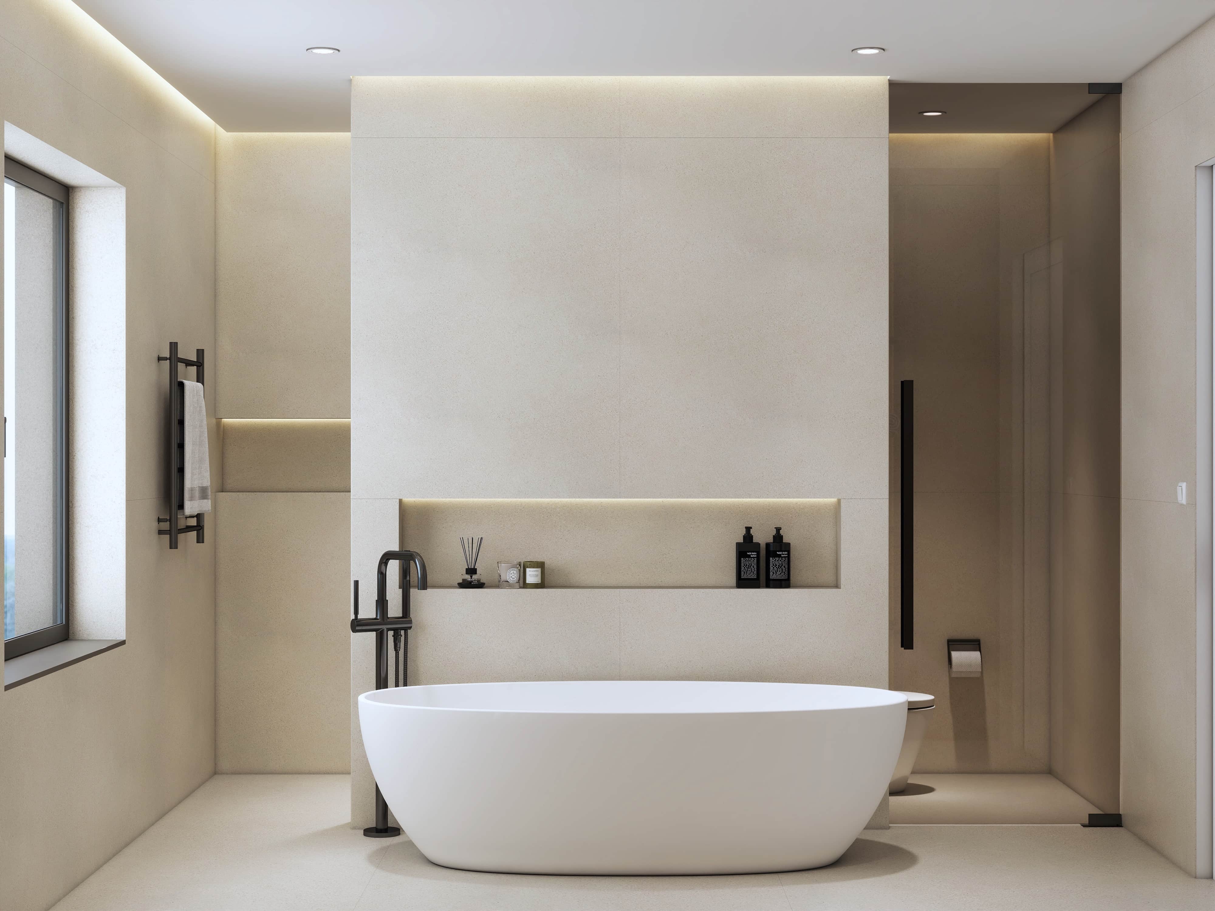 Photorealistic master bathroom 3D rendering in Texas. Warm minimalist design, walnut vanity, day and night visualization by Studio 5.