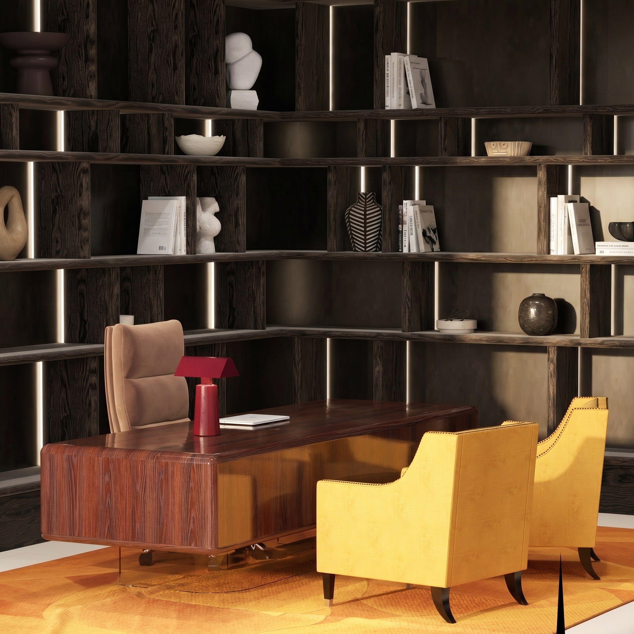 Luxury interior design 3D architectural visualization Beverly Hills Los Angeles mid-century modern walnut wood lattice terrazzo stone bold art collector penthouse Studio 5 A-OK Interiors