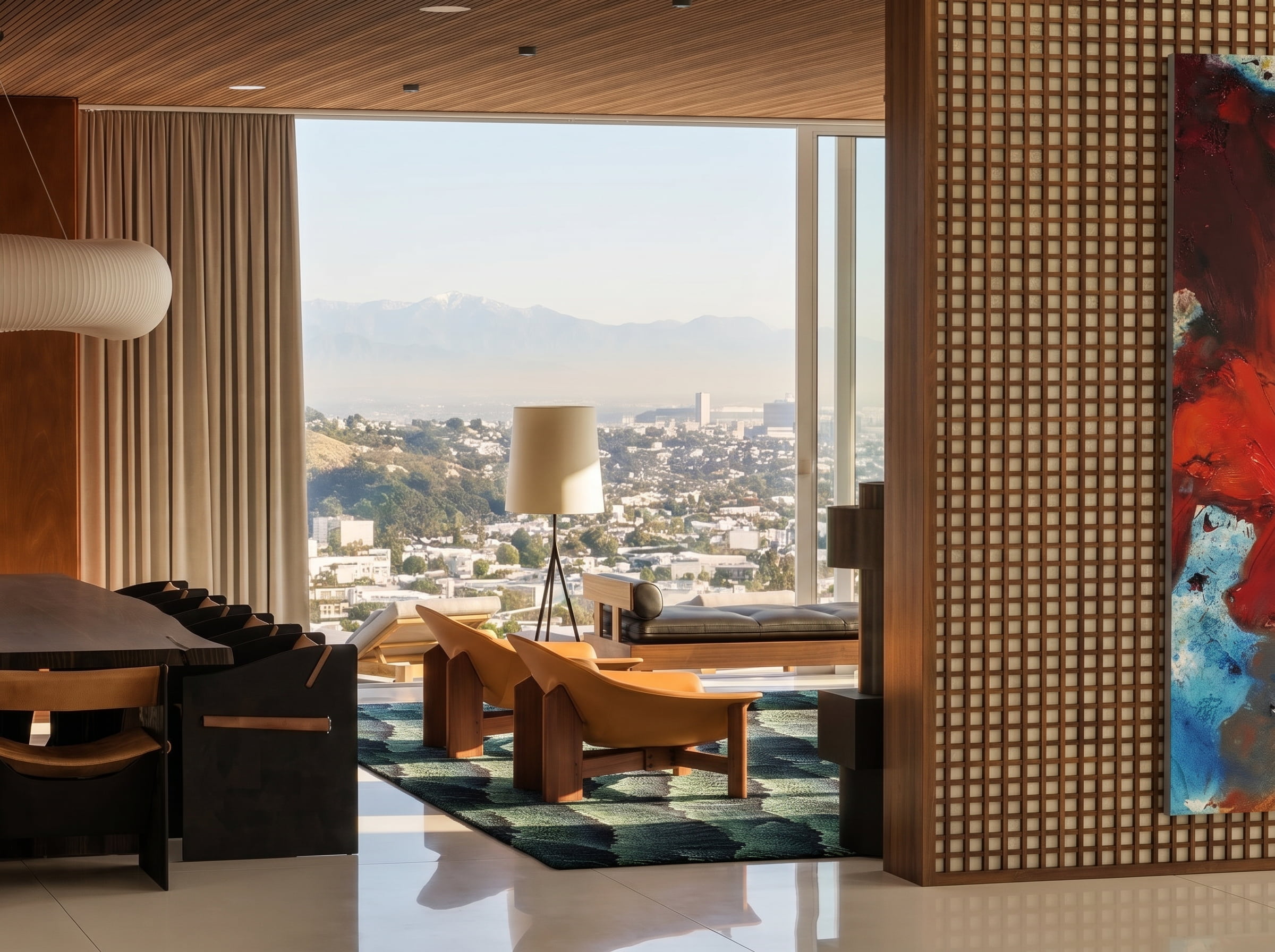 Luxury interior design 3D architectural visualization Beverly Hills Los Angeles mid-century modern walnut wood lattice terrazzo stone bold art collector penthouse Studio 5 A-OK Interiors