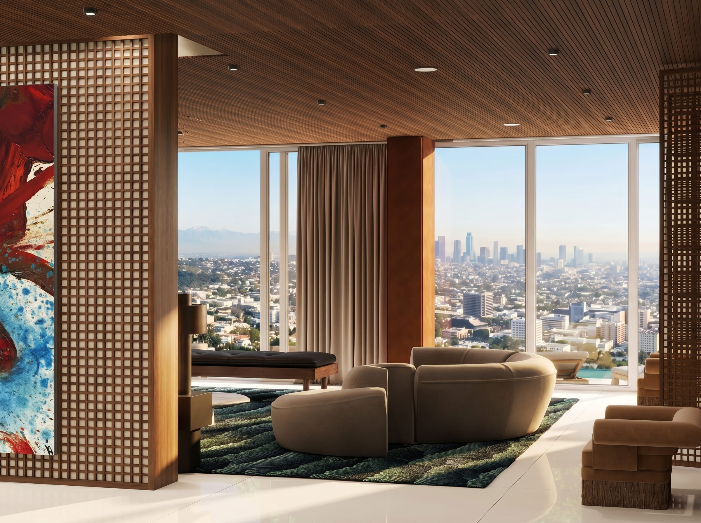 Luxury interior design 3D architectural visualization Beverly Hills Los Angeles mid-century modern walnut wood lattice terrazzo stone bold art collector penthouse Studio 5 A-OK Interiors