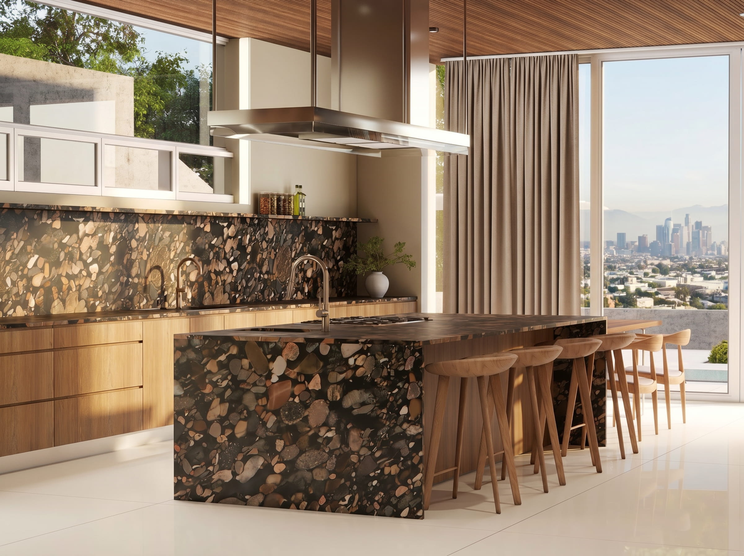 Luxury interior design 3D architectural visualization Beverly Hills Los Angeles mid-century modern walnut wood lattice terrazzo stone bold art collector penthouse Studio 5 A-OK Interiors