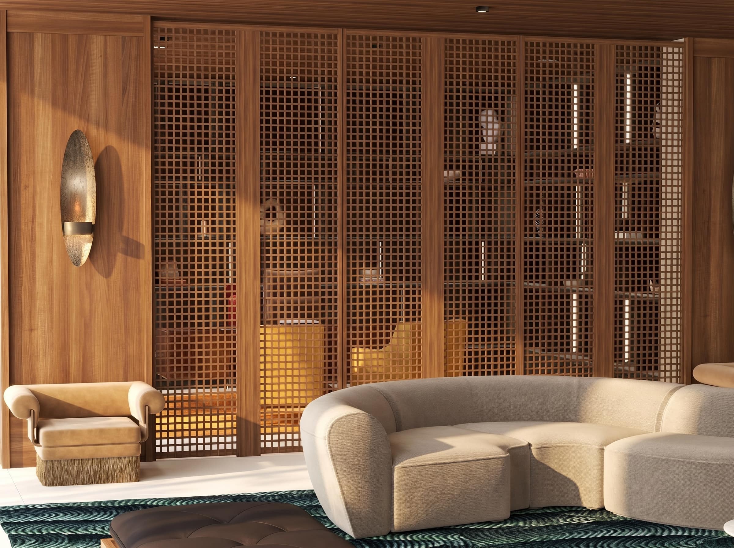 Luxury interior design 3D architectural visualization Beverly Hills Los Angeles mid-century modern walnut wood lattice terrazzo stone bold art collector penthouse Studio 5 A-OK Interiors