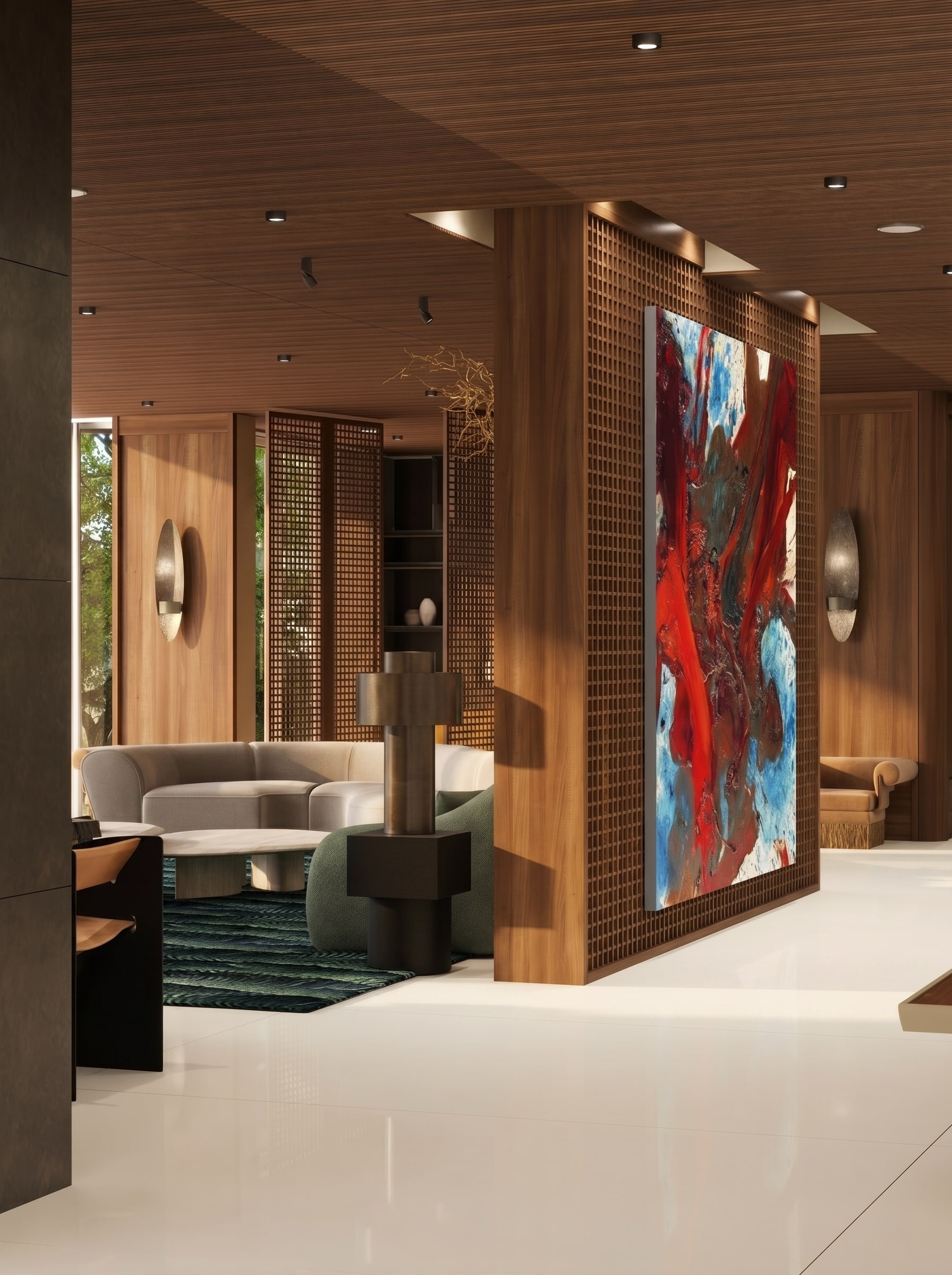 Luxury interior design 3D architectural visualization Beverly Hills Los Angeles mid-century modern walnut wood lattice terrazzo stone bold art collector penthouse Studio 5 A-OK Interiors