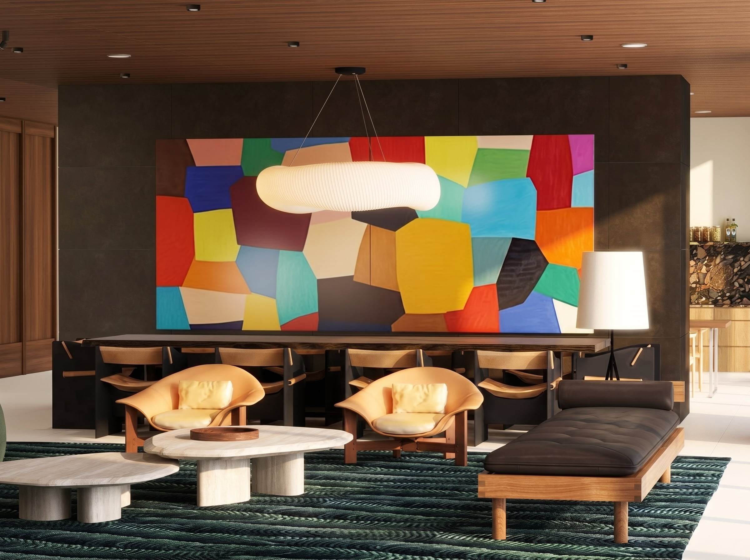 Luxury interior design 3D architectural visualization Beverly Hills Los Angeles mid-century modern walnut wood lattice terrazzo stone bold art collector penthouse Studio 5 A-OK Interiors