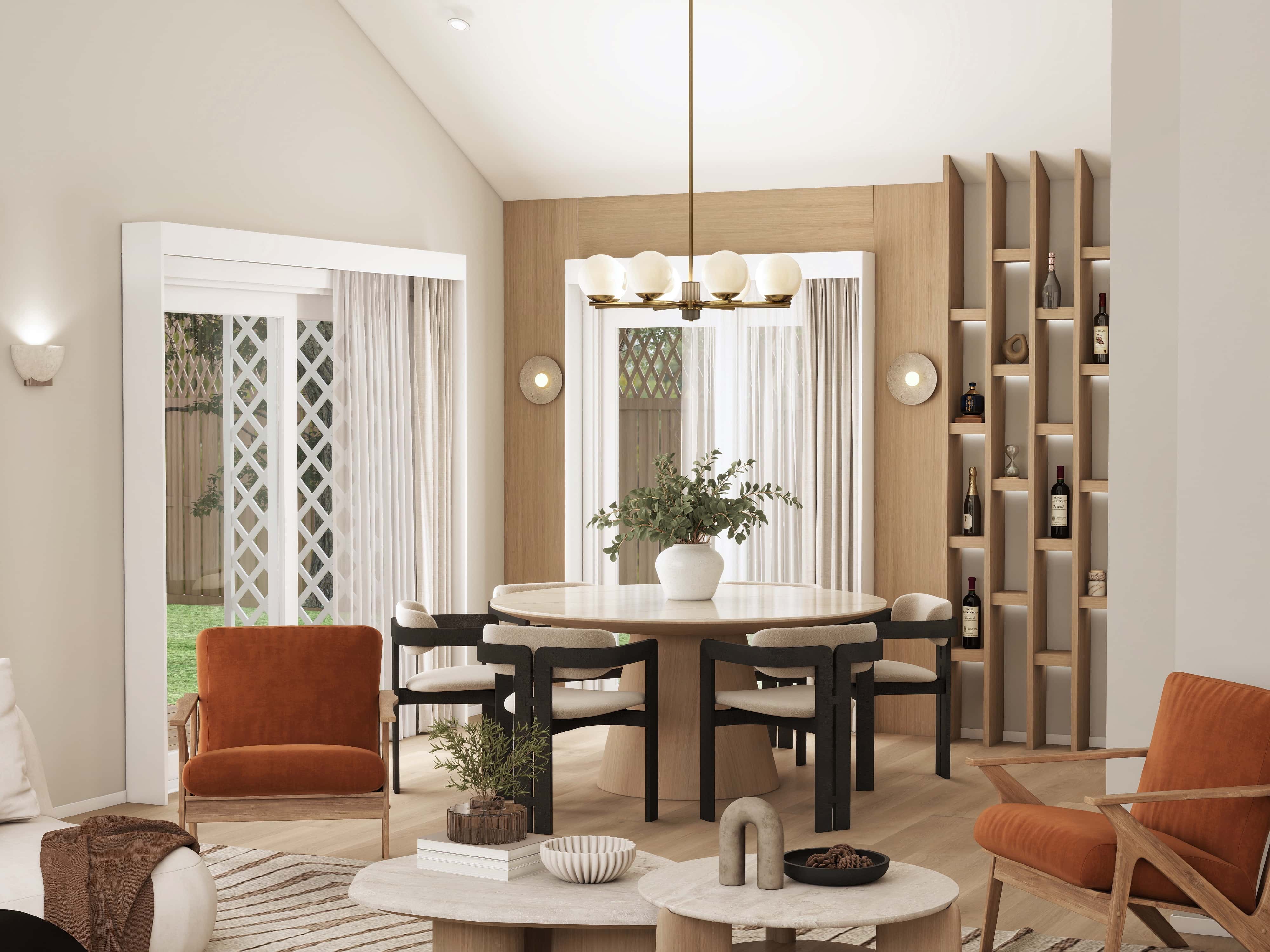 Indian culture inspired interior design 3D render USA warm organic modern living room dining bedroom fireplace travertine oak linen terracotta Studio 5