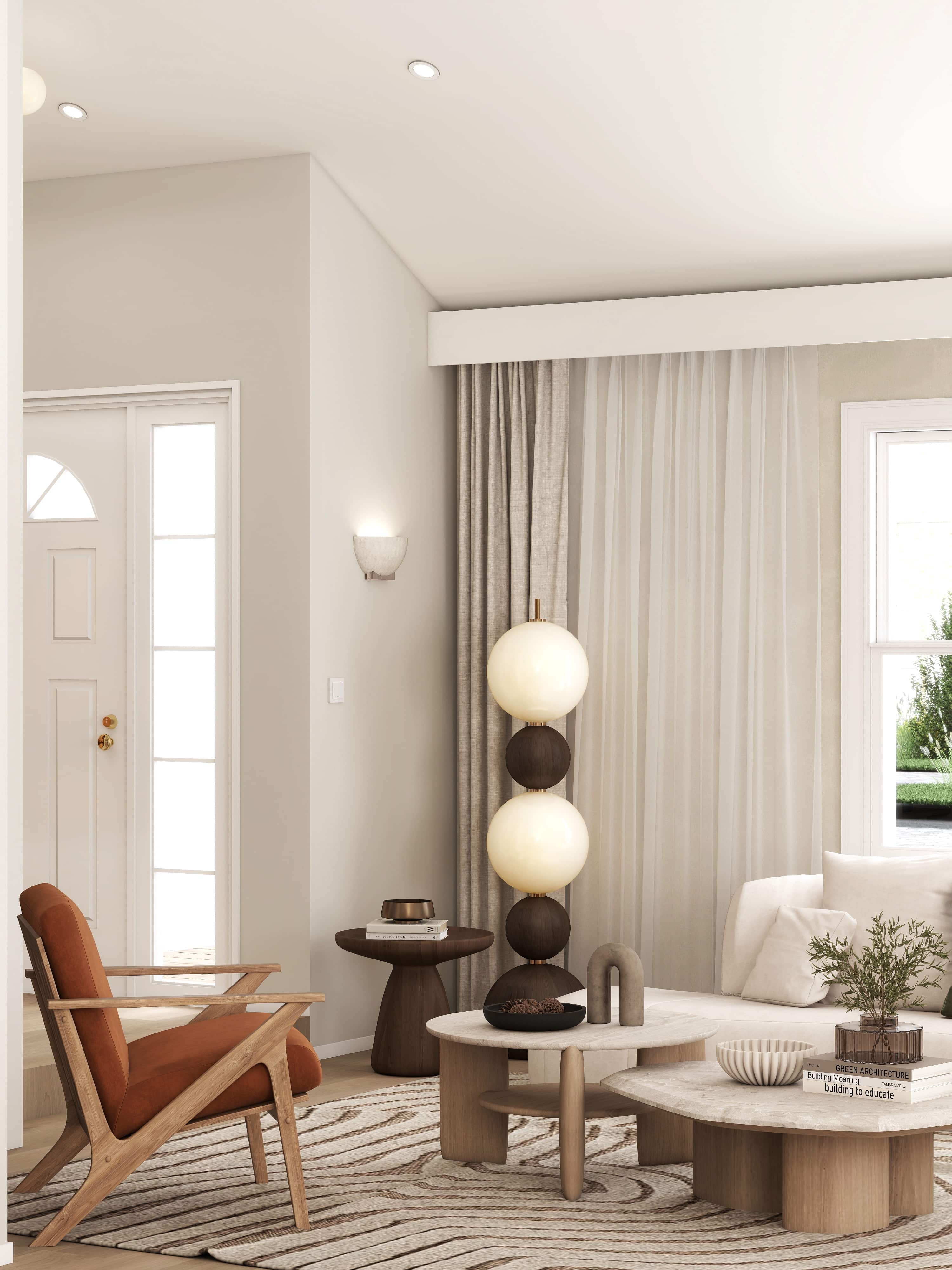 Indian culture inspired interior design 3D render USA warm organic modern living room dining bedroom fireplace travertine oak linen terracotta Studio 5