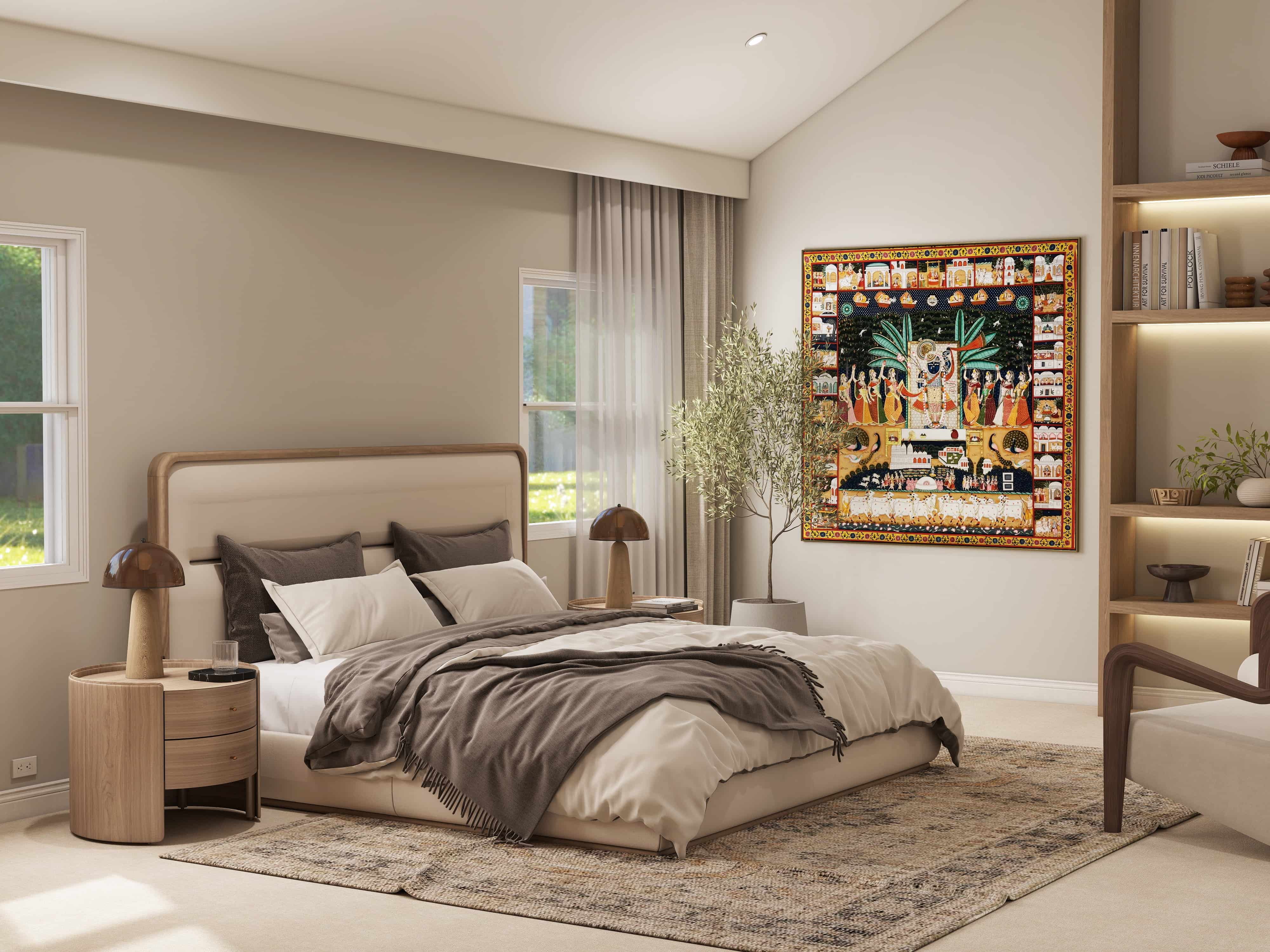 Indian culture inspired interior design 3D render USA warm organic modern living room dining bedroom fireplace travertine oak linen terracotta Studio 5