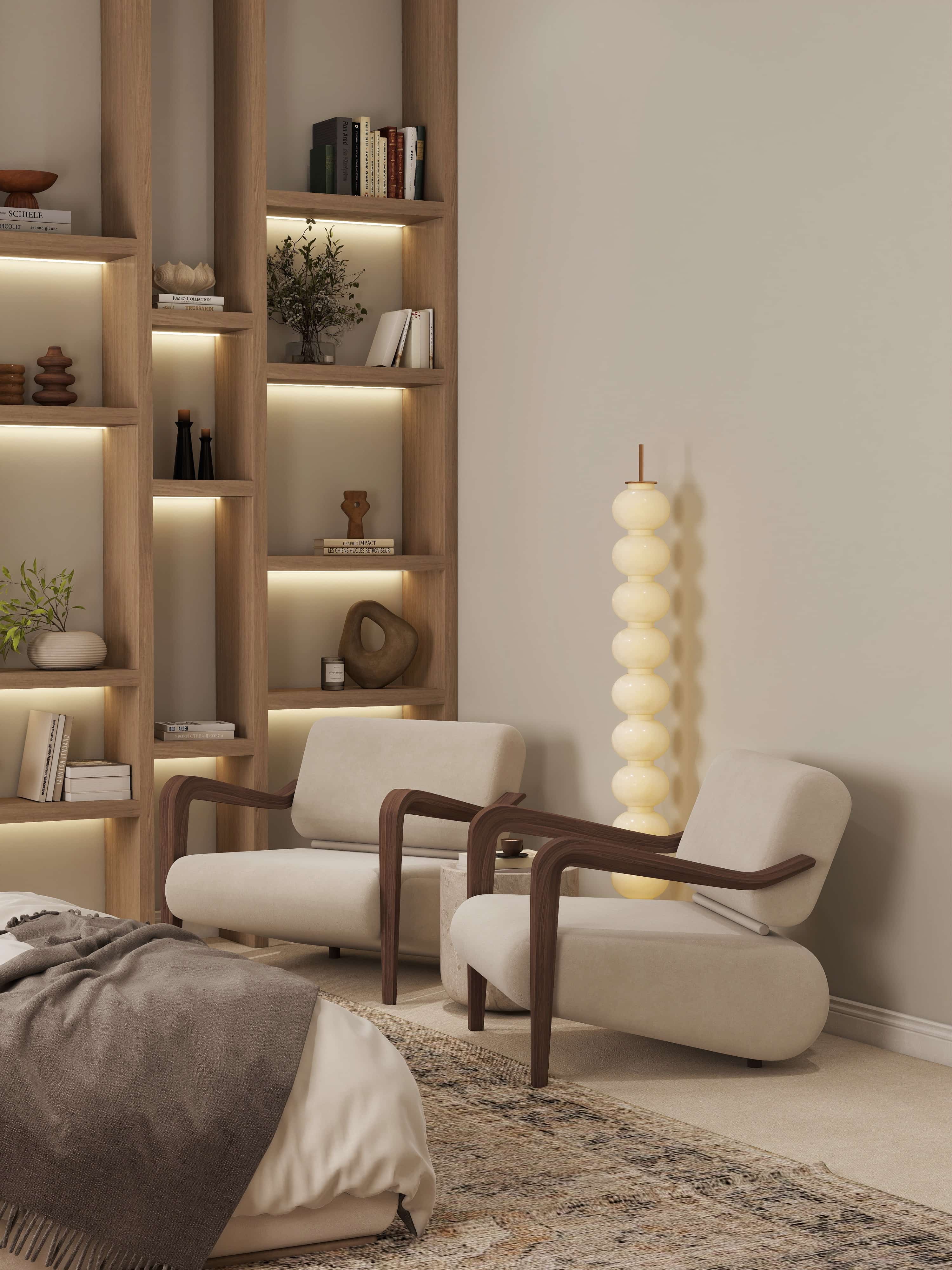 Indian culture inspired interior design 3D render USA warm organic modern living room dining bedroom fireplace travertine oak linen terracotta Studio 5