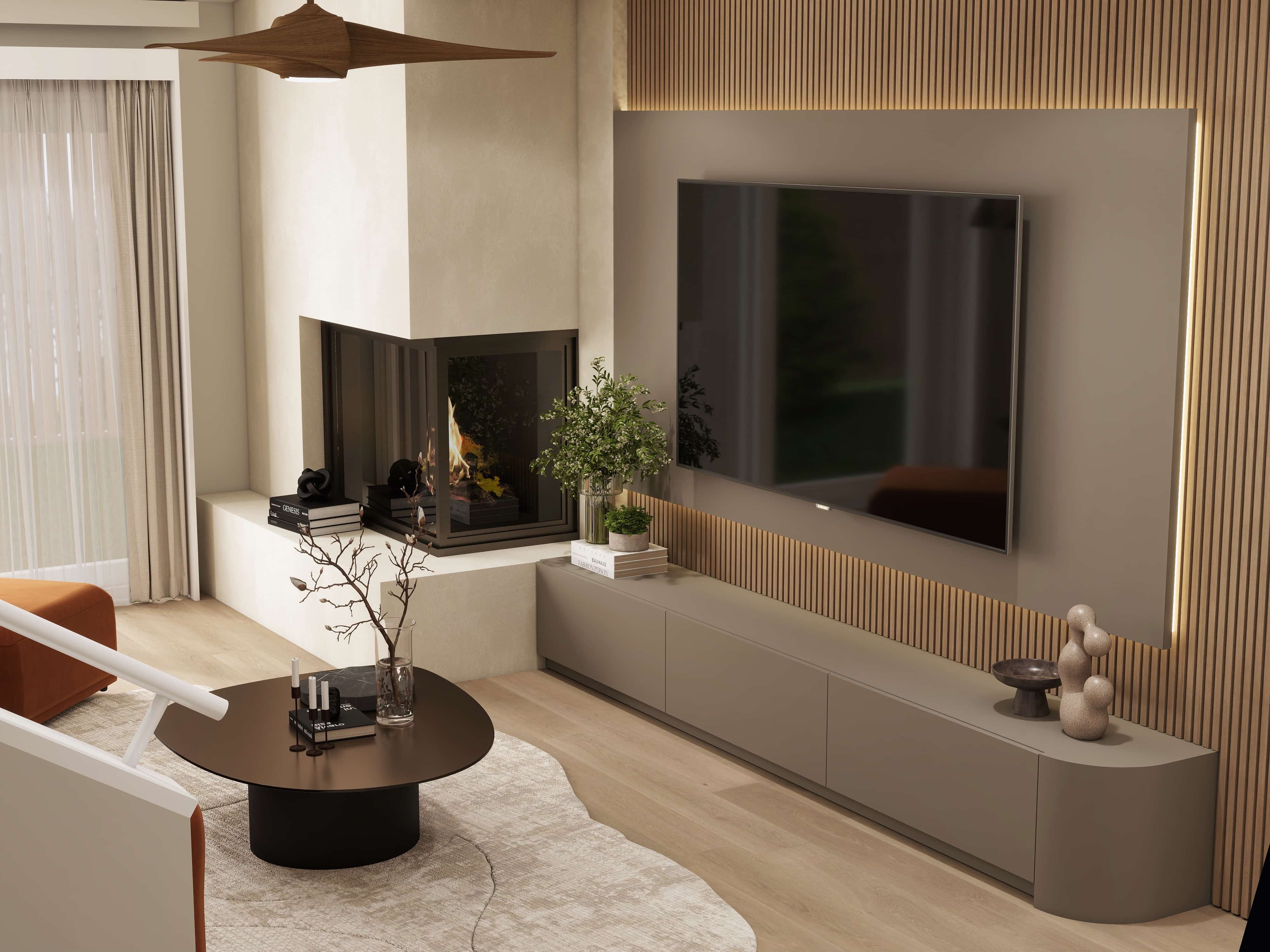 Indian culture inspired interior design 3D render USA warm organic modern living room dining bedroom fireplace travertine oak linen terracotta Studio 5