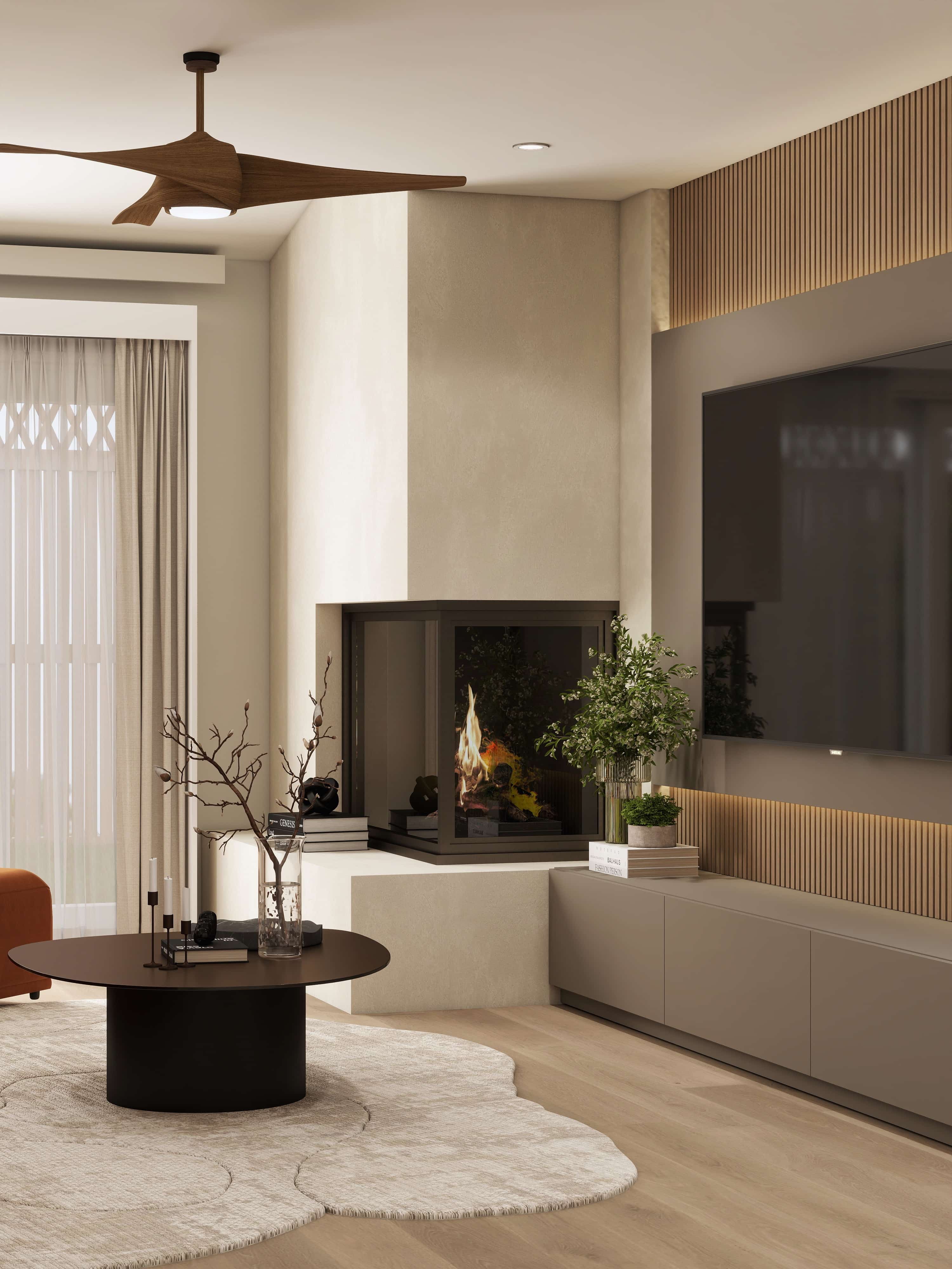 Indian culture inspired interior design 3D render USA warm organic modern living room dining bedroom fireplace travertine oak linen terracotta Studio 5