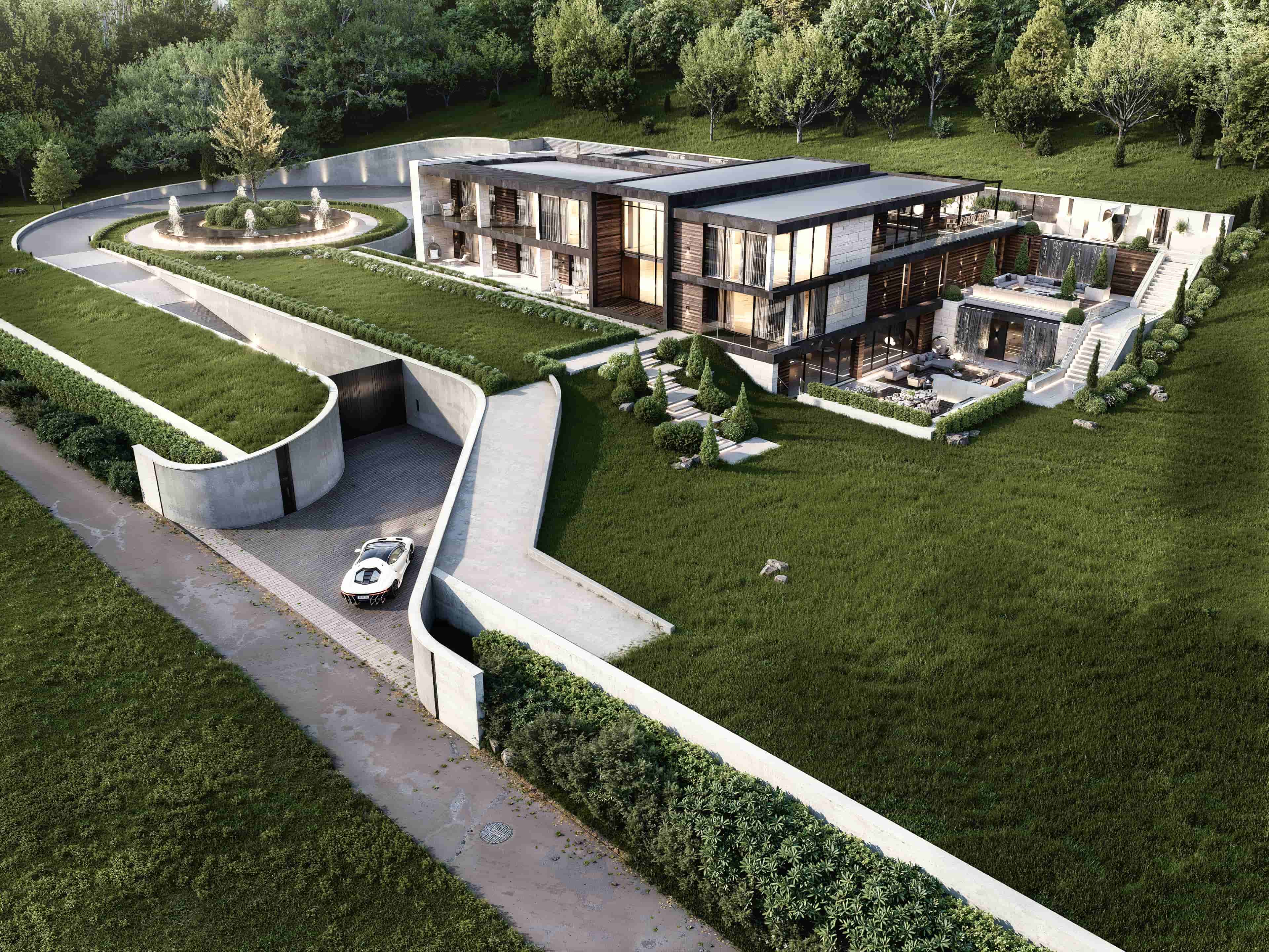 Luxury residential exterior 3D architectural visualization photorealistic render Nottingham UK modern villa concrete glass timber Studio 5