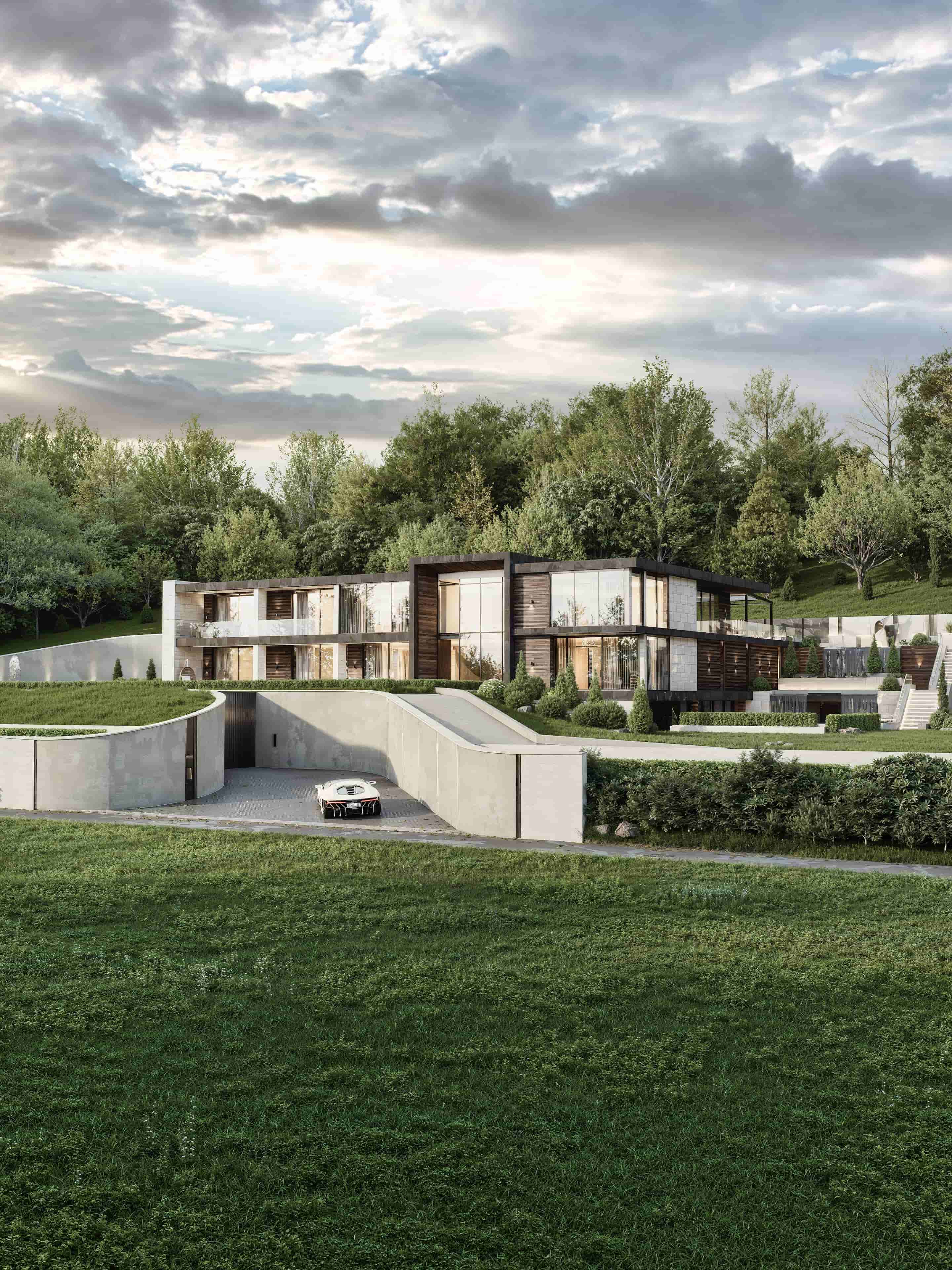 Luxury residential exterior 3D architectural visualization photorealistic render Nottingham UK modern villa concrete glass timber Studio 5