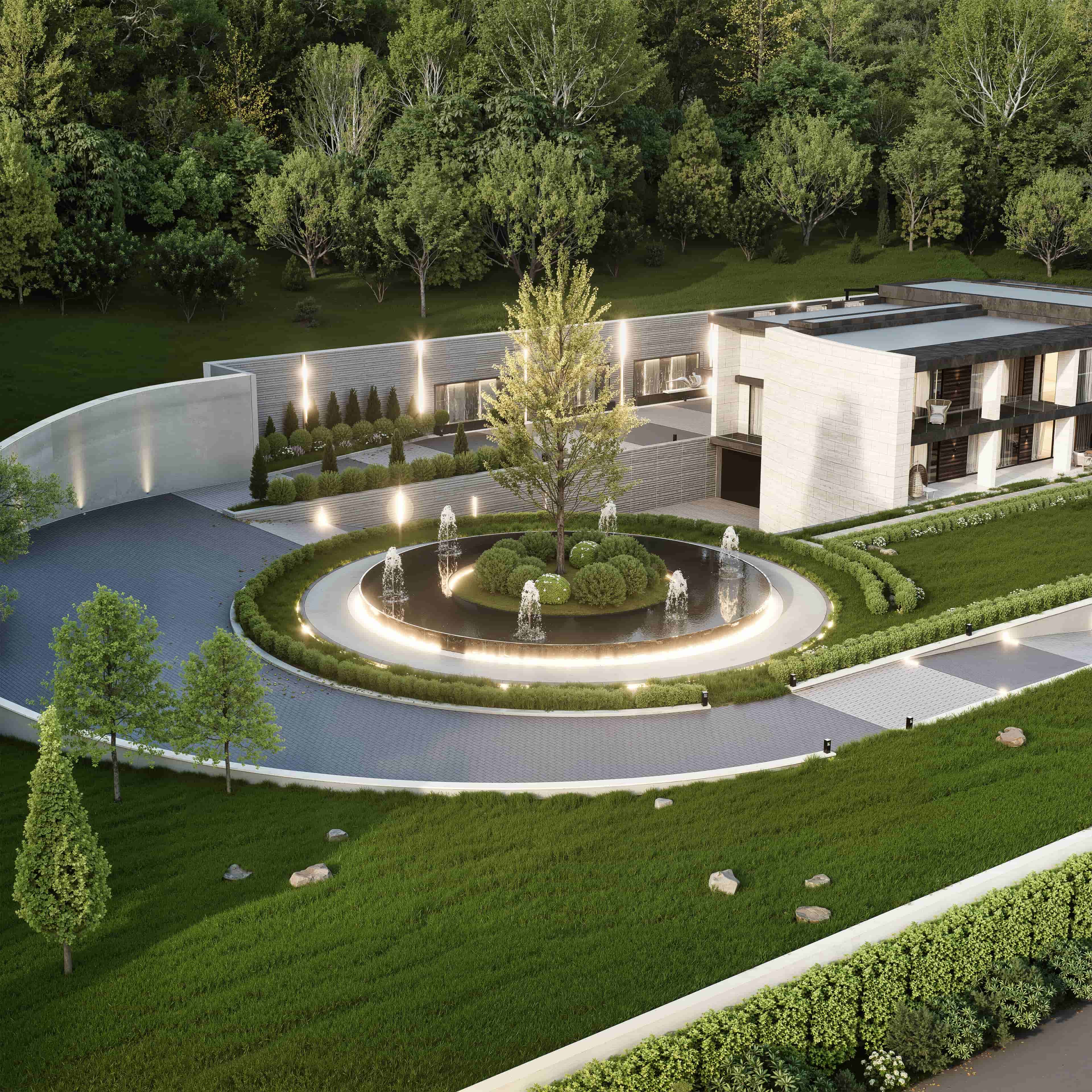 Luxury residential exterior 3D architectural visualization photorealistic render Nottingham UK modern villa concrete glass timber Studio 5