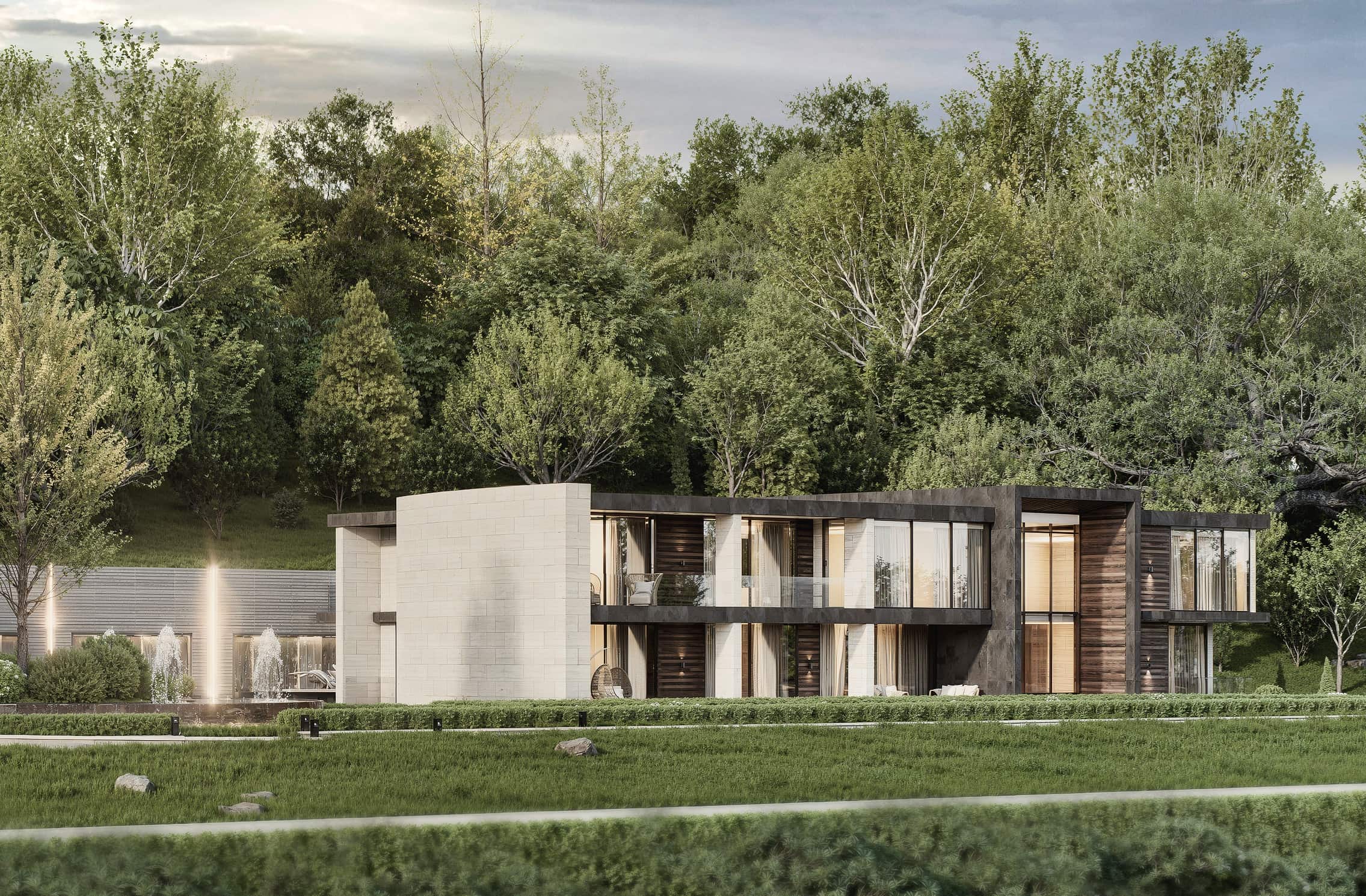 Luxury residential exterior 3D architectural visualization photorealistic render Nottingham UK modern villa concrete glass timber Studio 5