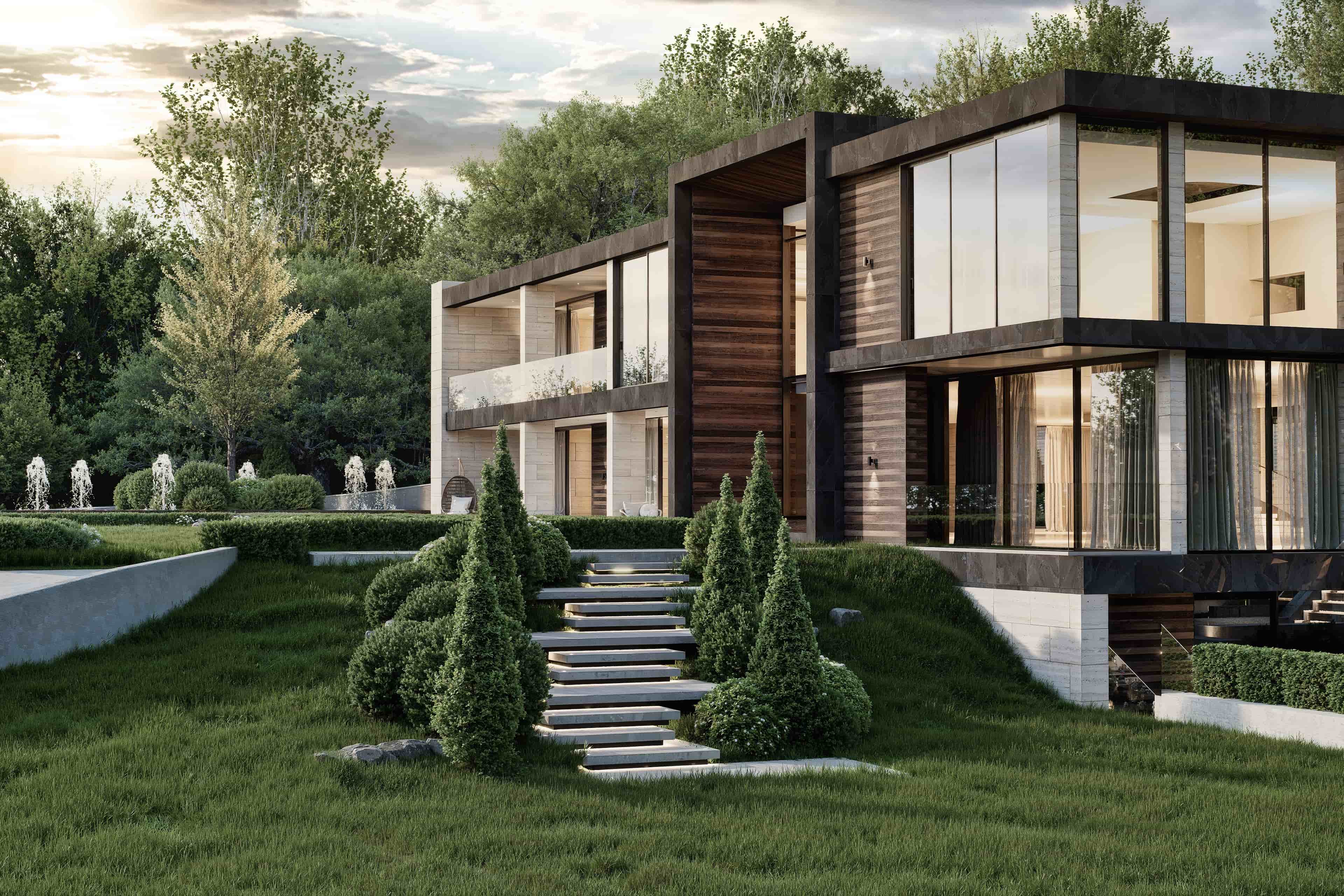 Luxury residential exterior 3D architectural visualization photorealistic render Nottingham UK modern villa concrete glass timber Studio 5