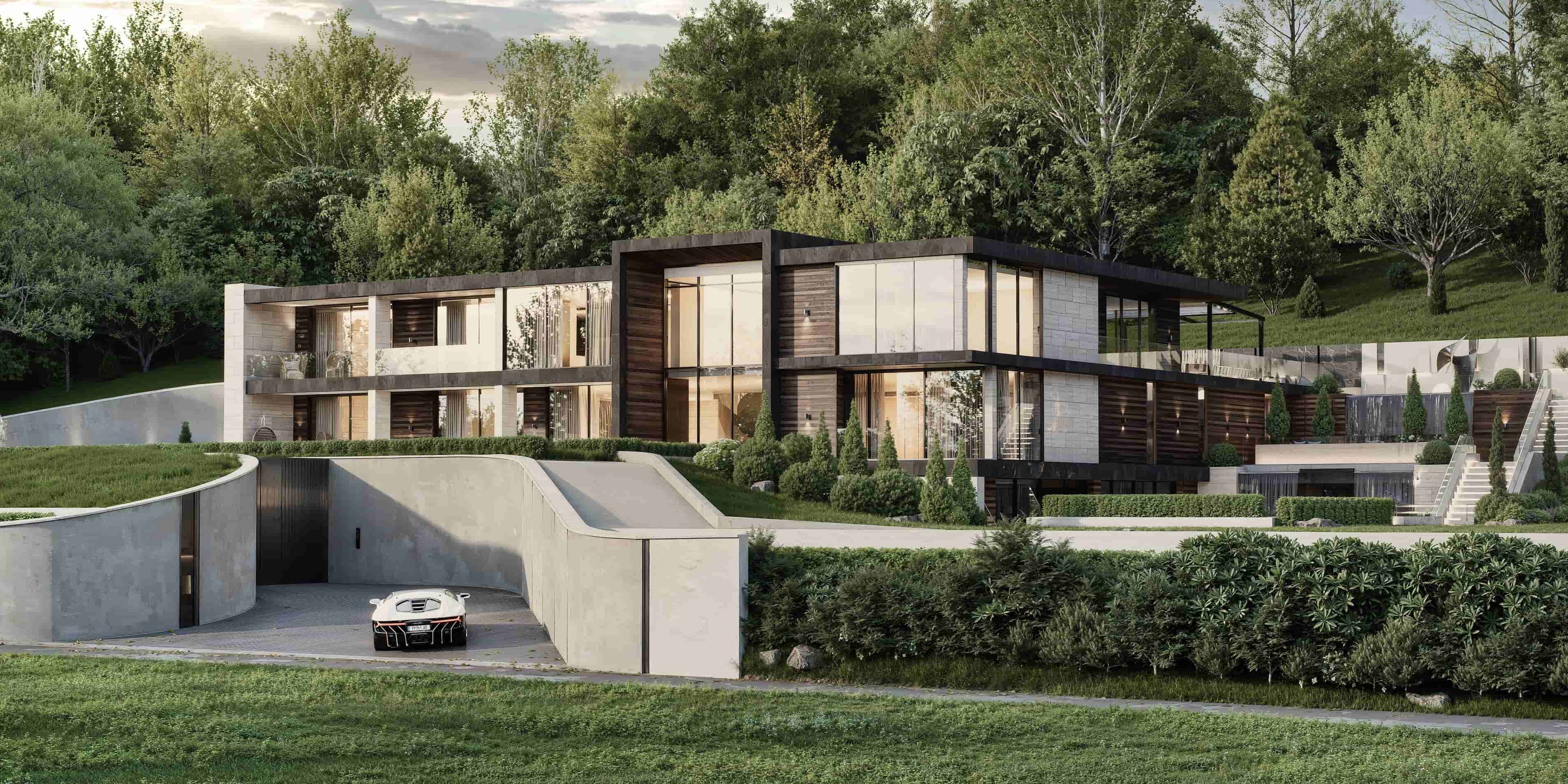 Luxury residential exterior 3D architectural visualization photorealistic render Nottingham UK modern villa concrete glass timber Studio 5