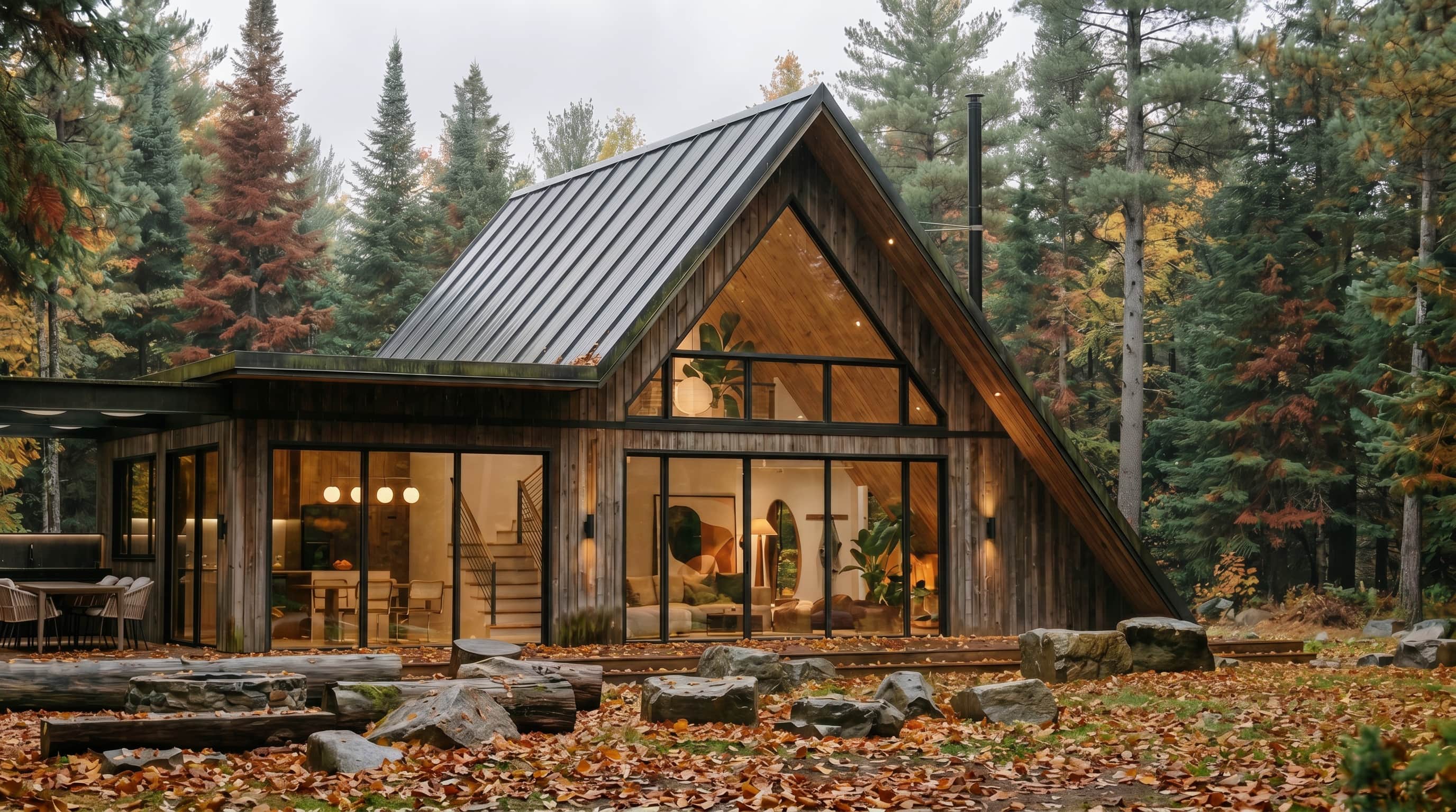 photorealistic architectural 3d rendering visualization a frame cabin in the woods canada ontario exterior design cgi
