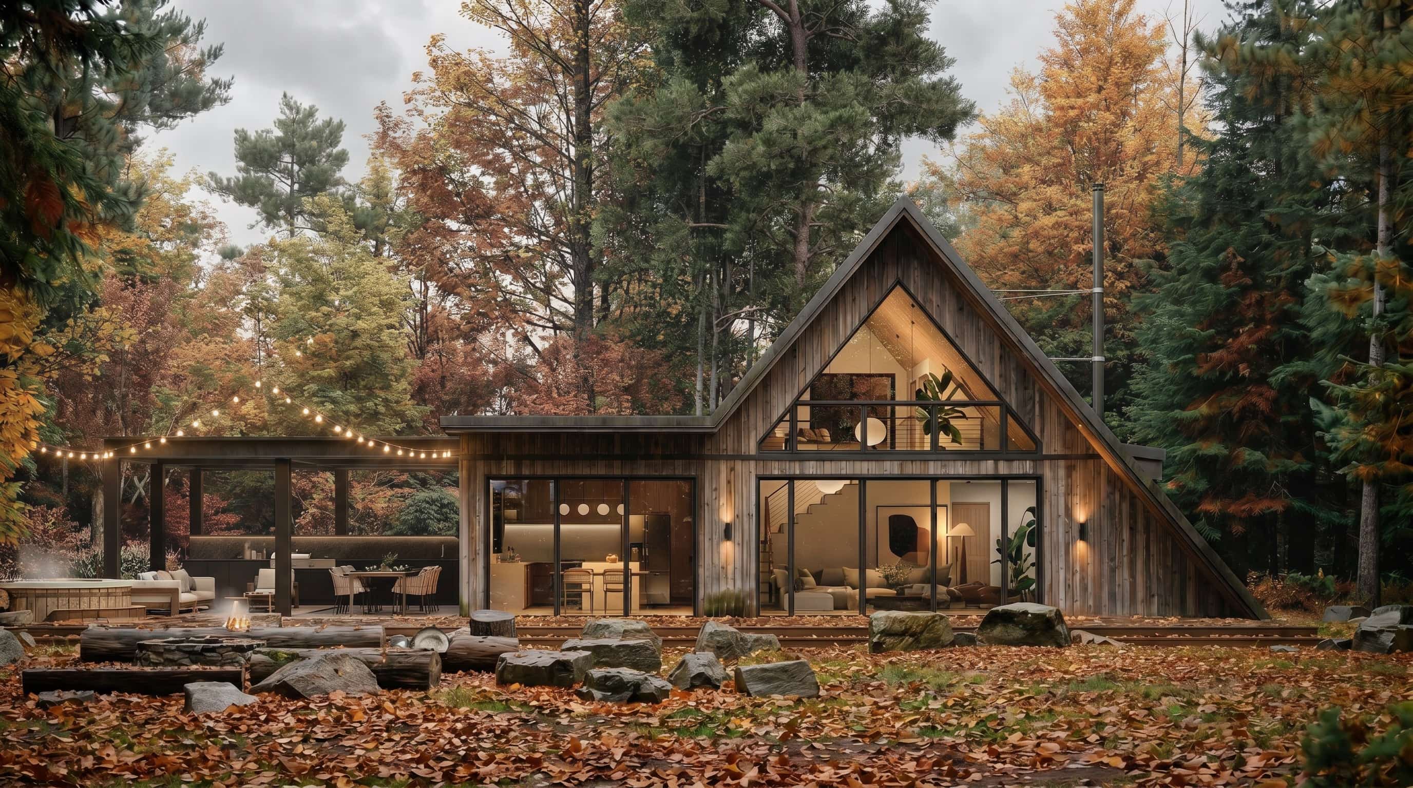 photorealistic architectural 3d rendering visualization a frame cabin in the woods canada ontario exterior design cgi fire pit
