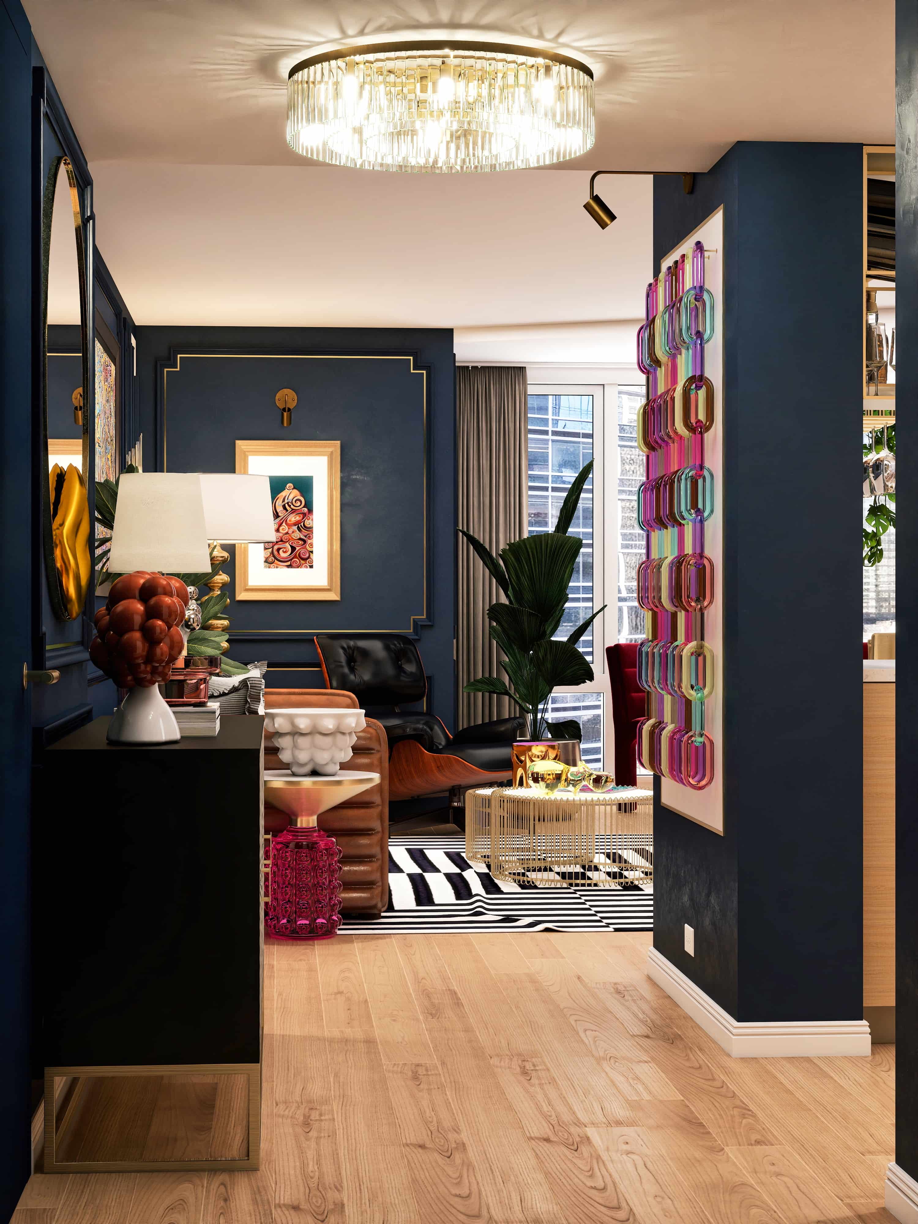 Hollywood Regency eclectic apartment interior design 3D render San Francisco maximalist navy gold burgundy brass marble Fiverr Design Award 2026 Studio 5