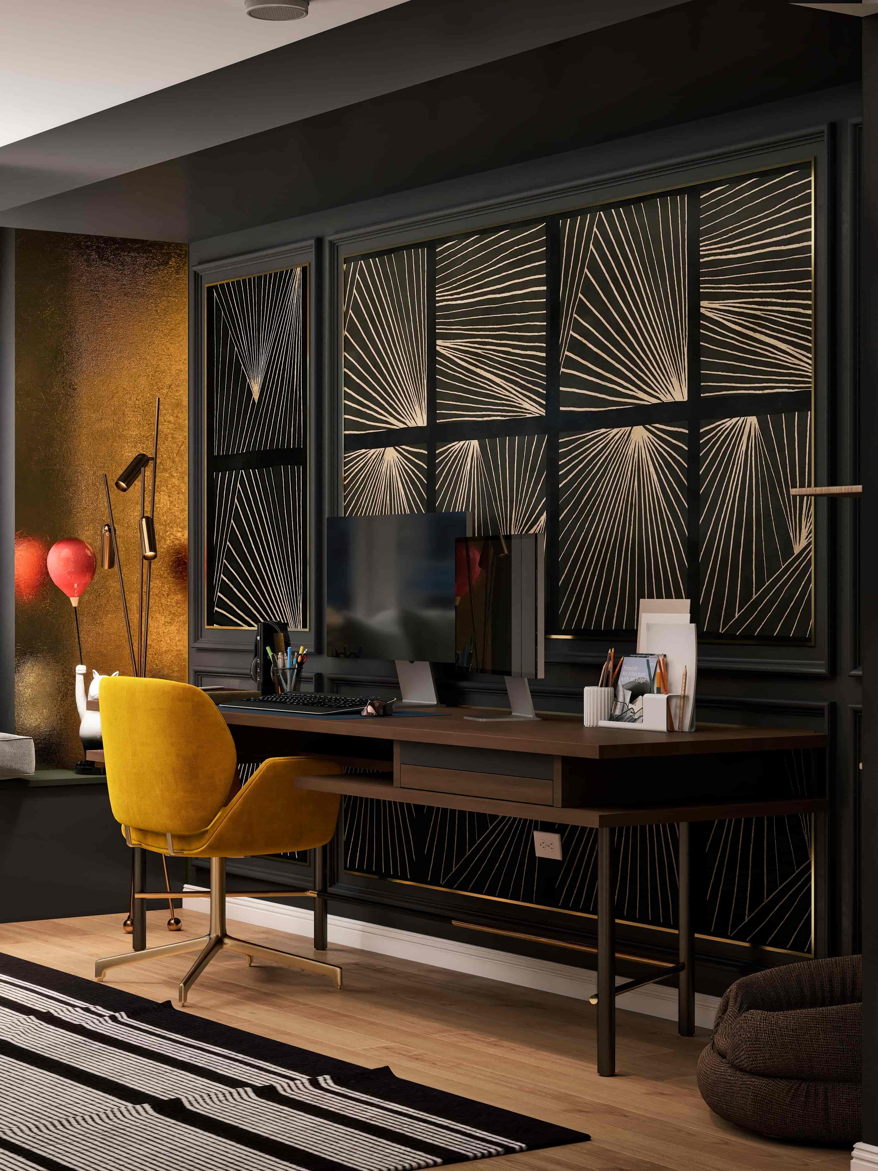 Hollywood Regency eclectic apartment interior design 3D render San Francisco maximalist navy gold burgundy brass marble Fiverr Design Award 2026 Studio 5