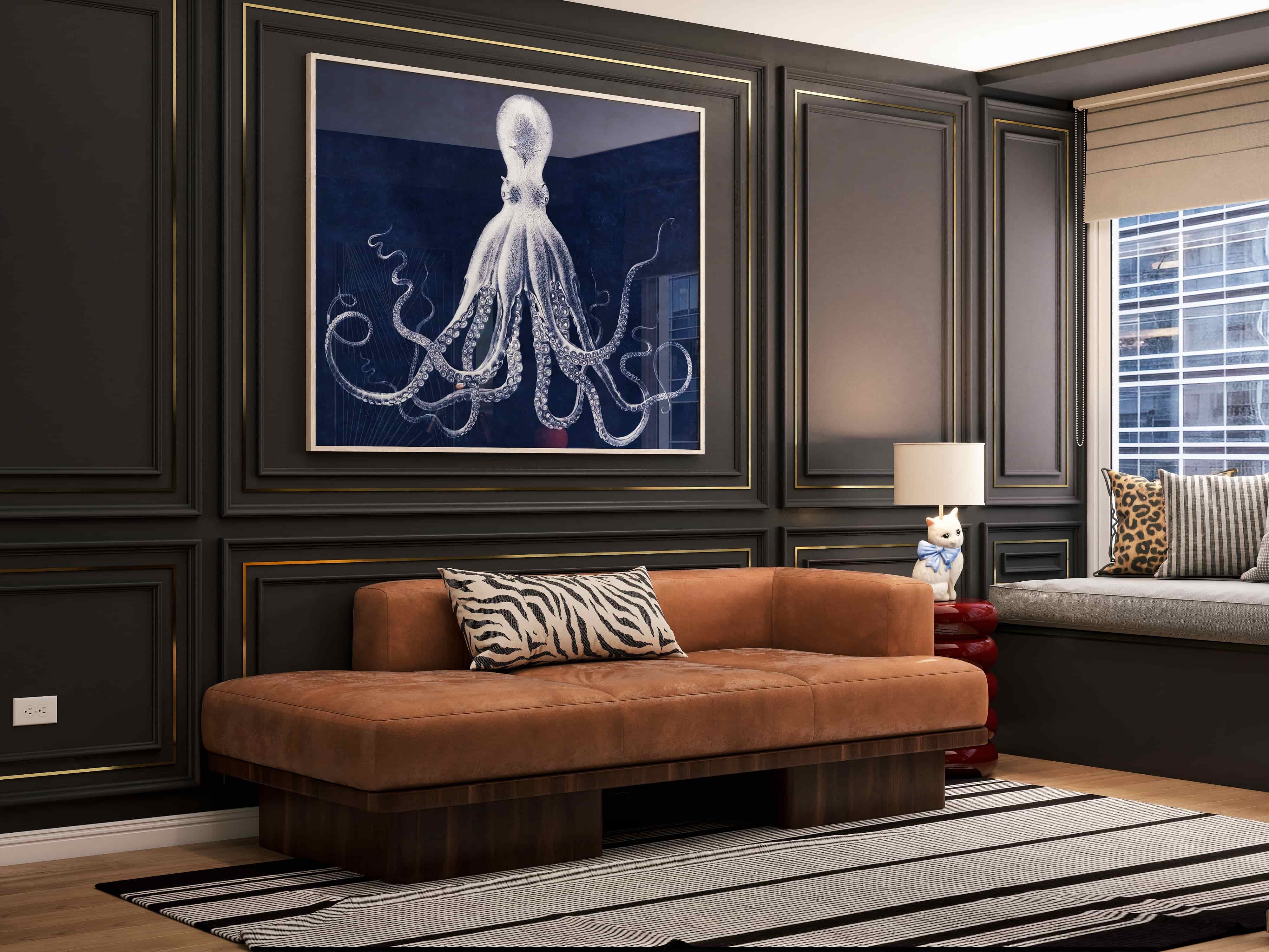 Hollywood Regency eclectic apartment interior design 3D render San Francisco maximalist navy gold burgundy brass marble Fiverr Design Award 2026 Studio 5