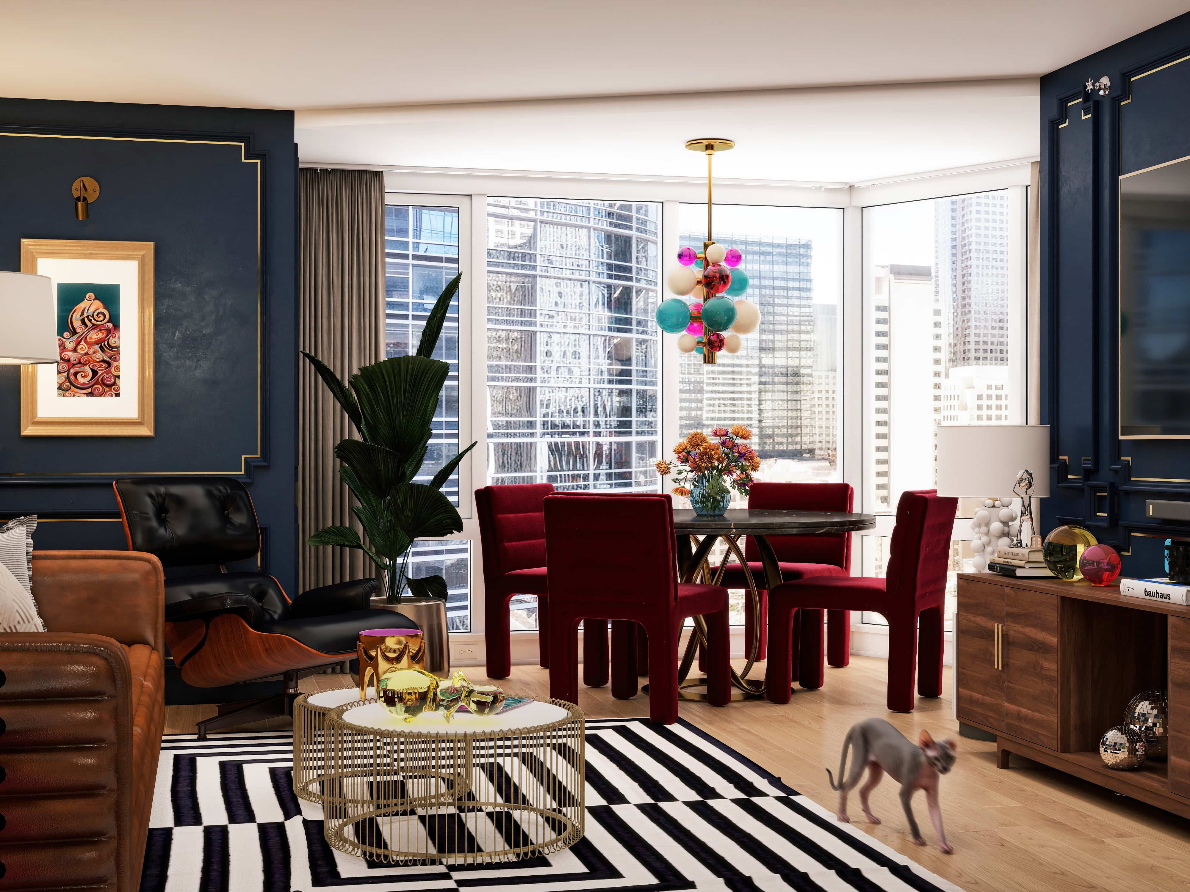 Hollywood Regency eclectic apartment interior design 3D render San Francisco maximalist navy gold burgundy brass marble Fiverr Design Award 2026 Studio 5