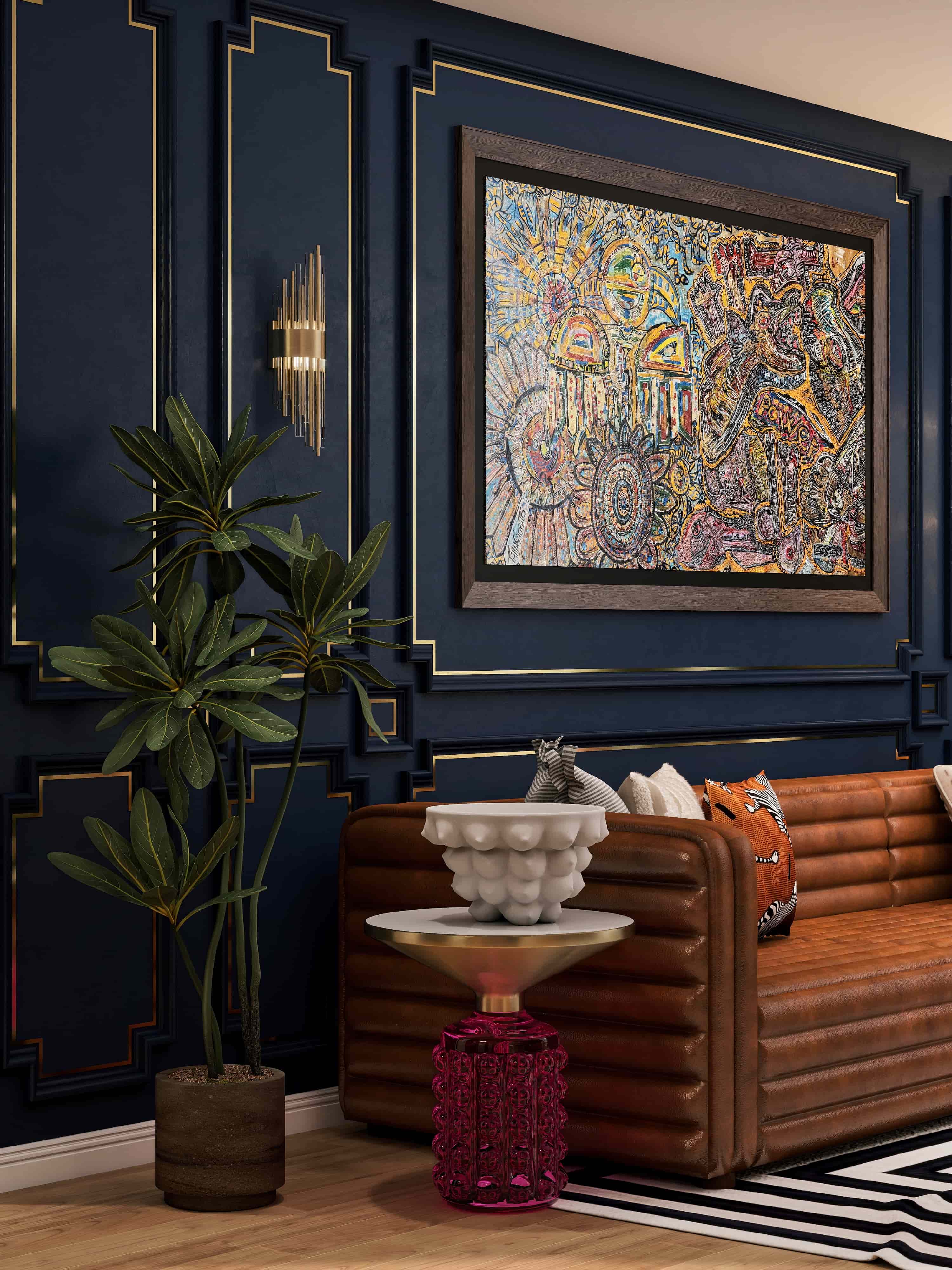 Hollywood Regency eclectic apartment interior design 3D render San Francisco maximalist navy gold burgundy brass marble Fiverr Design Award 2026 Studio 5