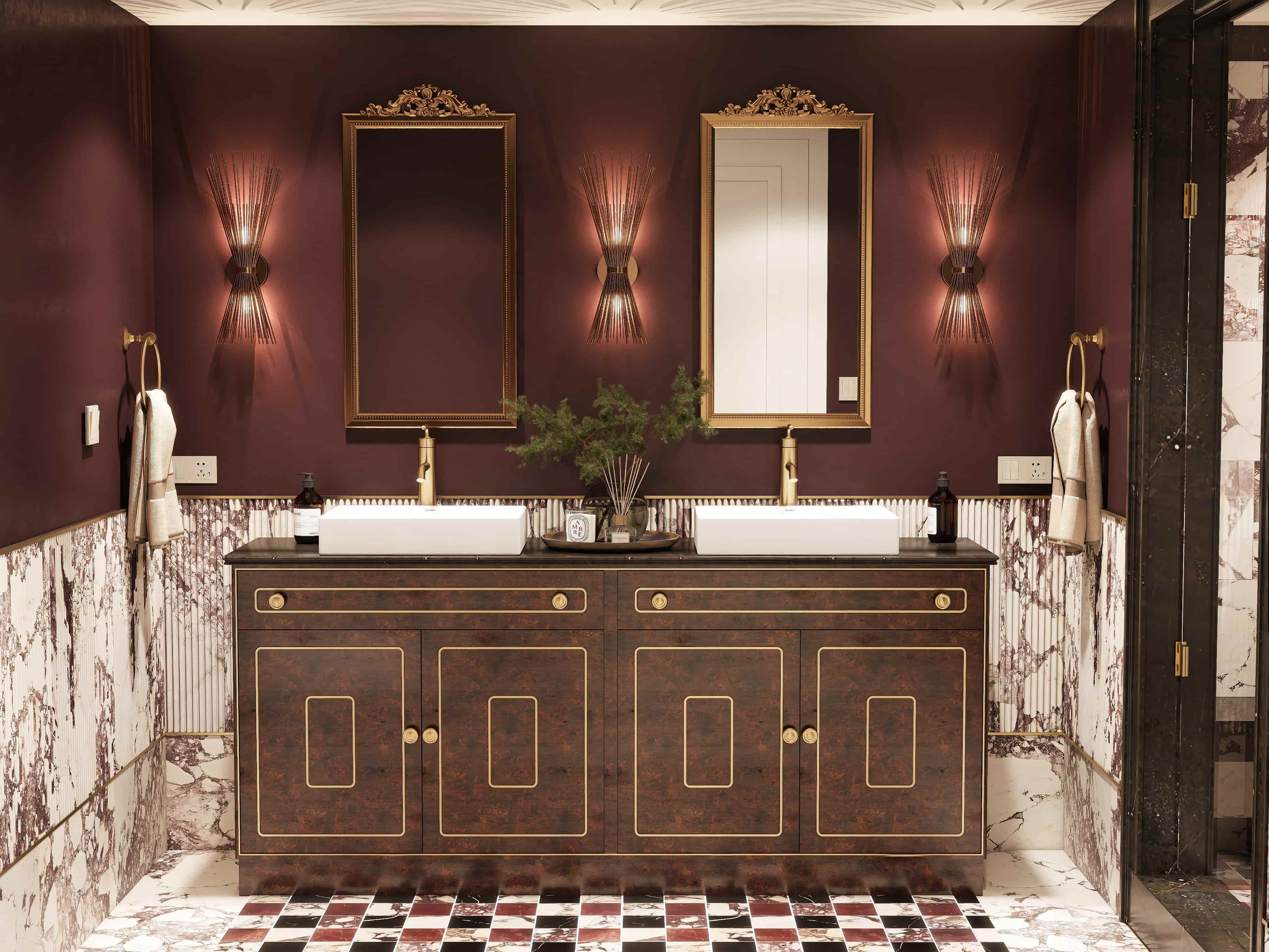 Hollywood Regency eclectic apartment interior design 3D render San Francisco maximalist navy gold burgundy brass marble Fiverr Design Award 2026 Studio 5