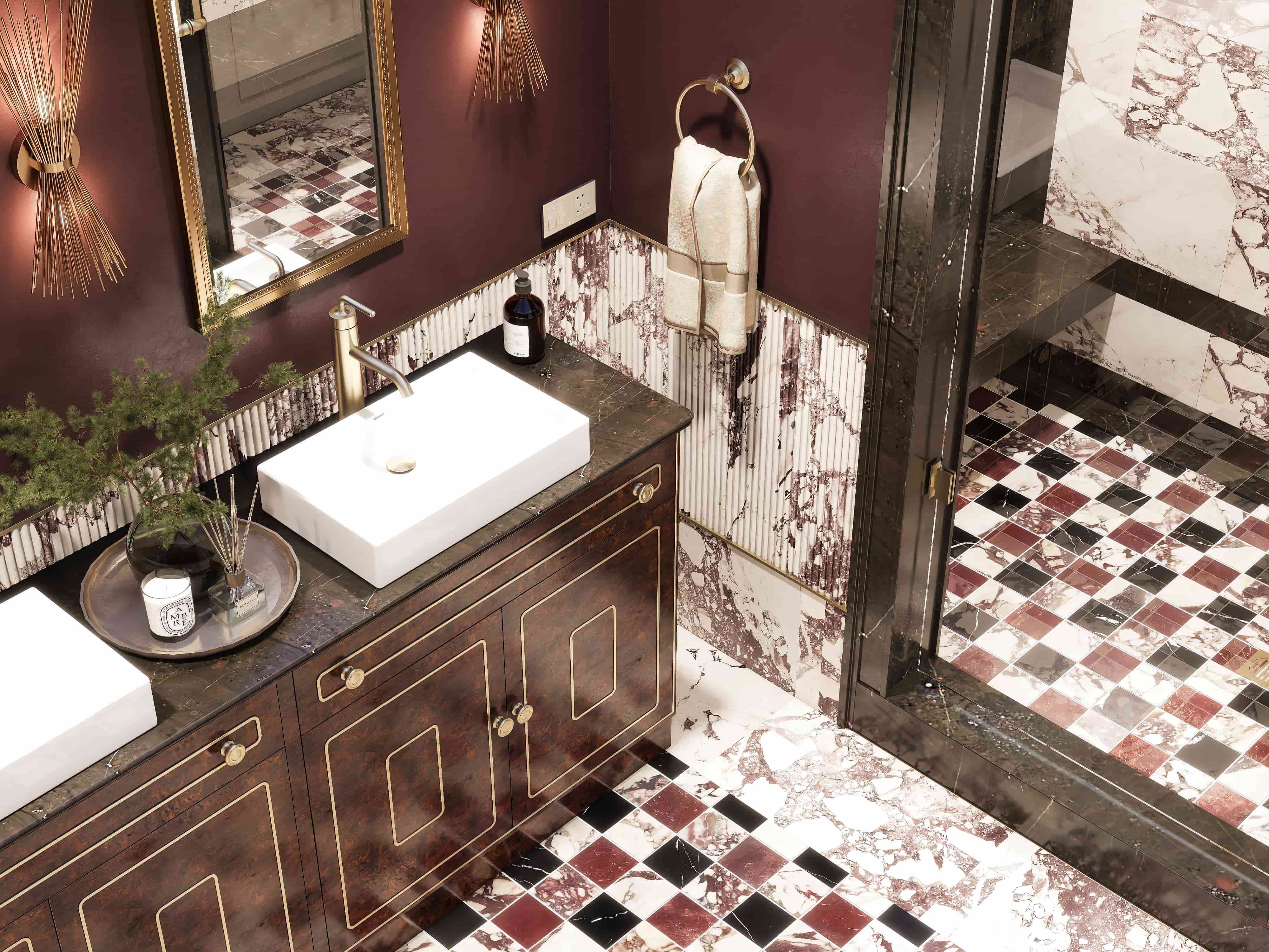 Hollywood Regency eclectic apartment interior design 3D render San Francisco maximalist navy gold burgundy brass marble Fiverr Design Award 2026 Studio 5