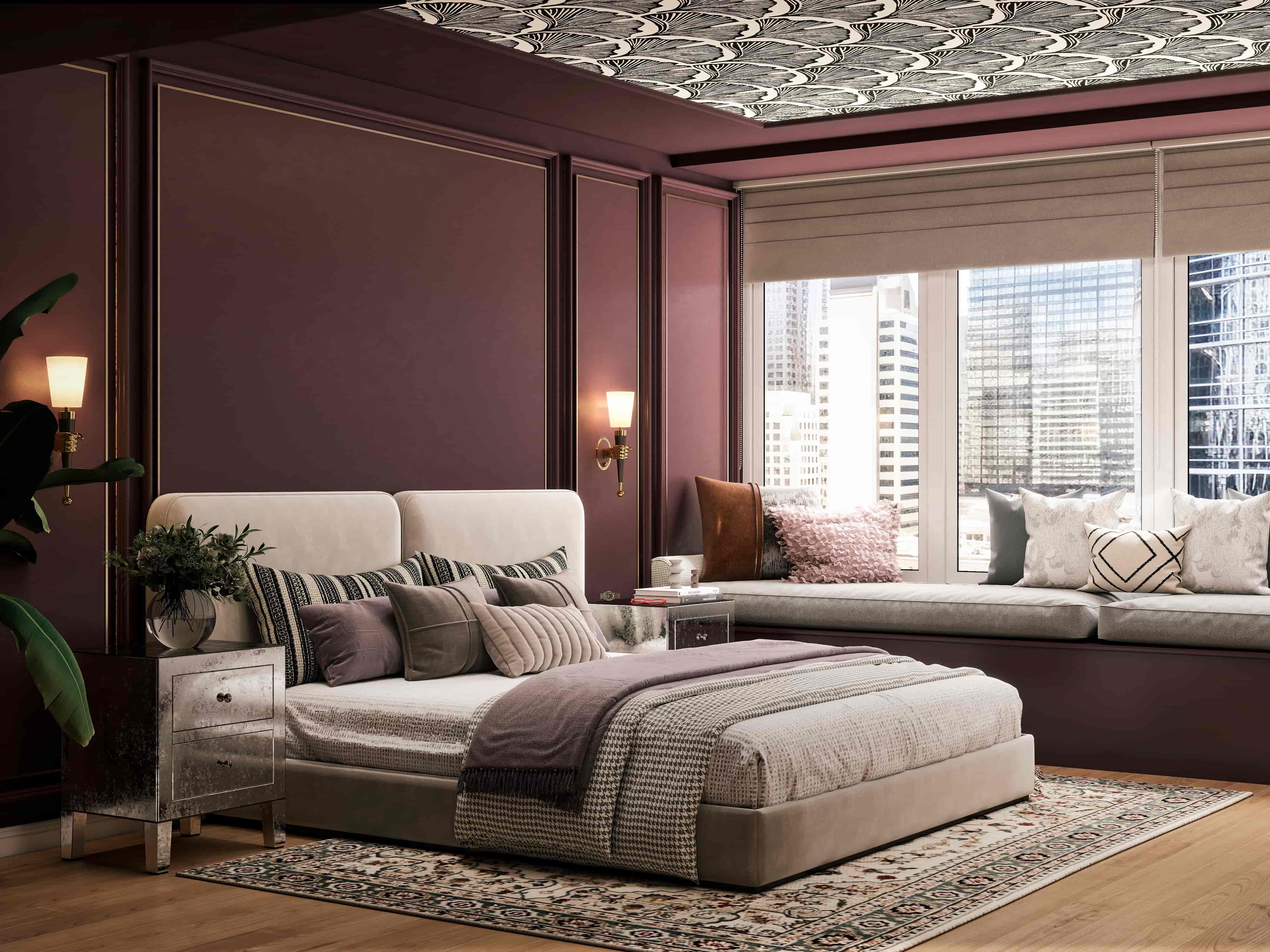 Hollywood Regency eclectic apartment interior design 3D render San Francisco maximalist navy gold burgundy brass marble Fiverr Design Award 2026 Studio 5